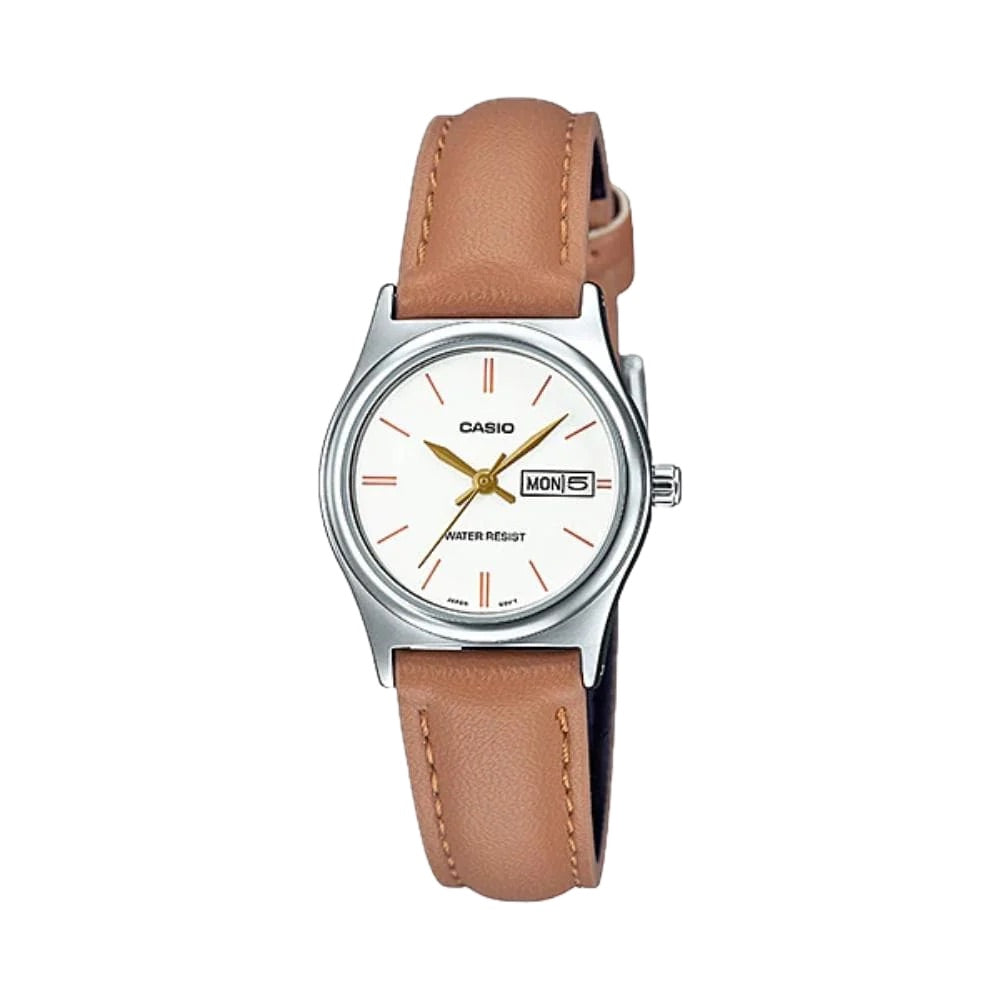 Casio Women White Dial Brown Leather Strap Watch - LTP-V006L-7B2UDF