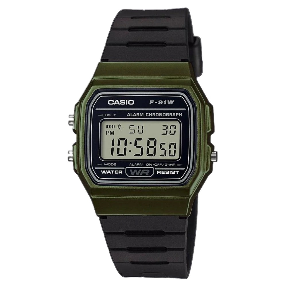 Casio Men Classic Digital Black Watch with Military Green Case - F-91WM-3ACF