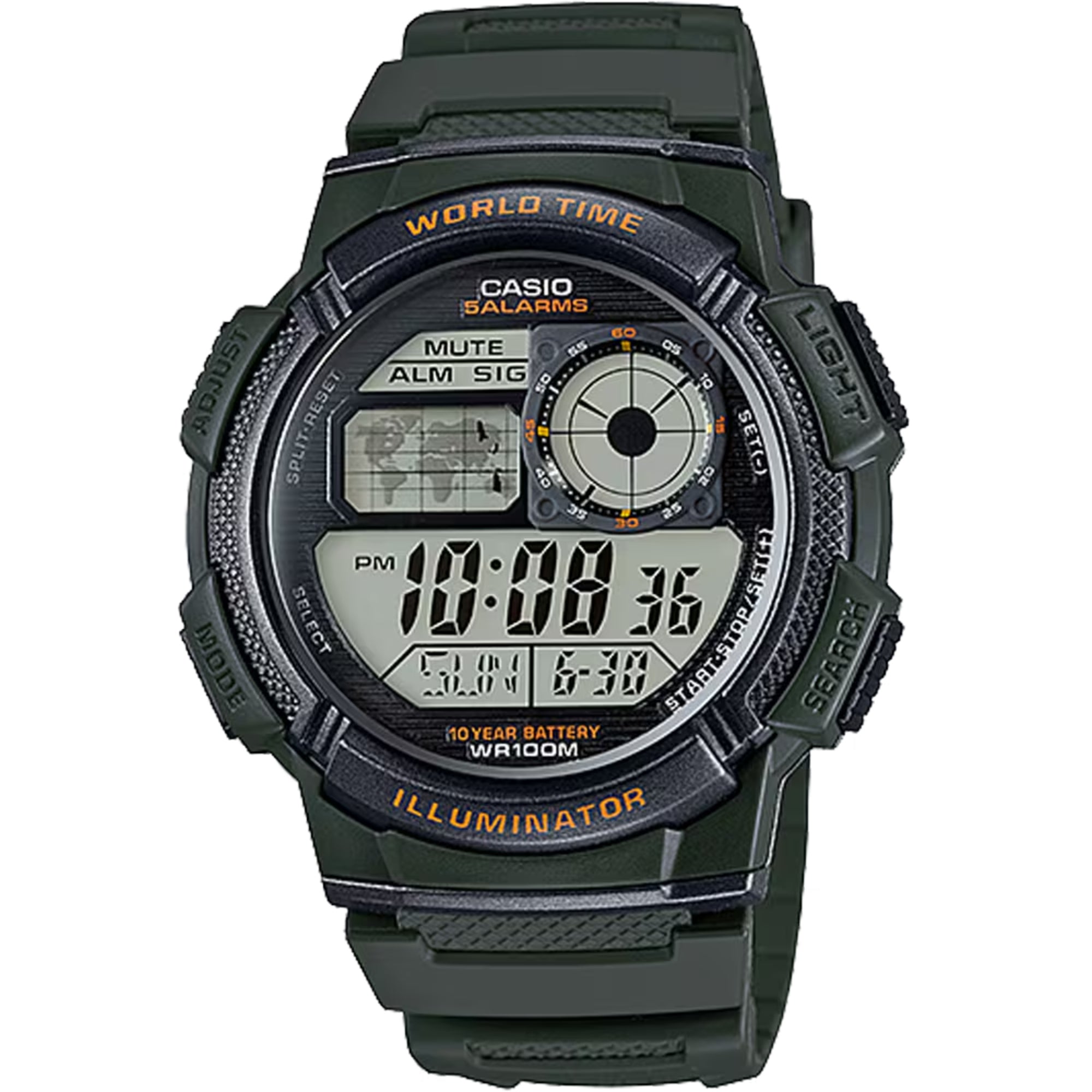 Casio Men World Time Green Resin Digital Watch - AE-1000W-3AVCF