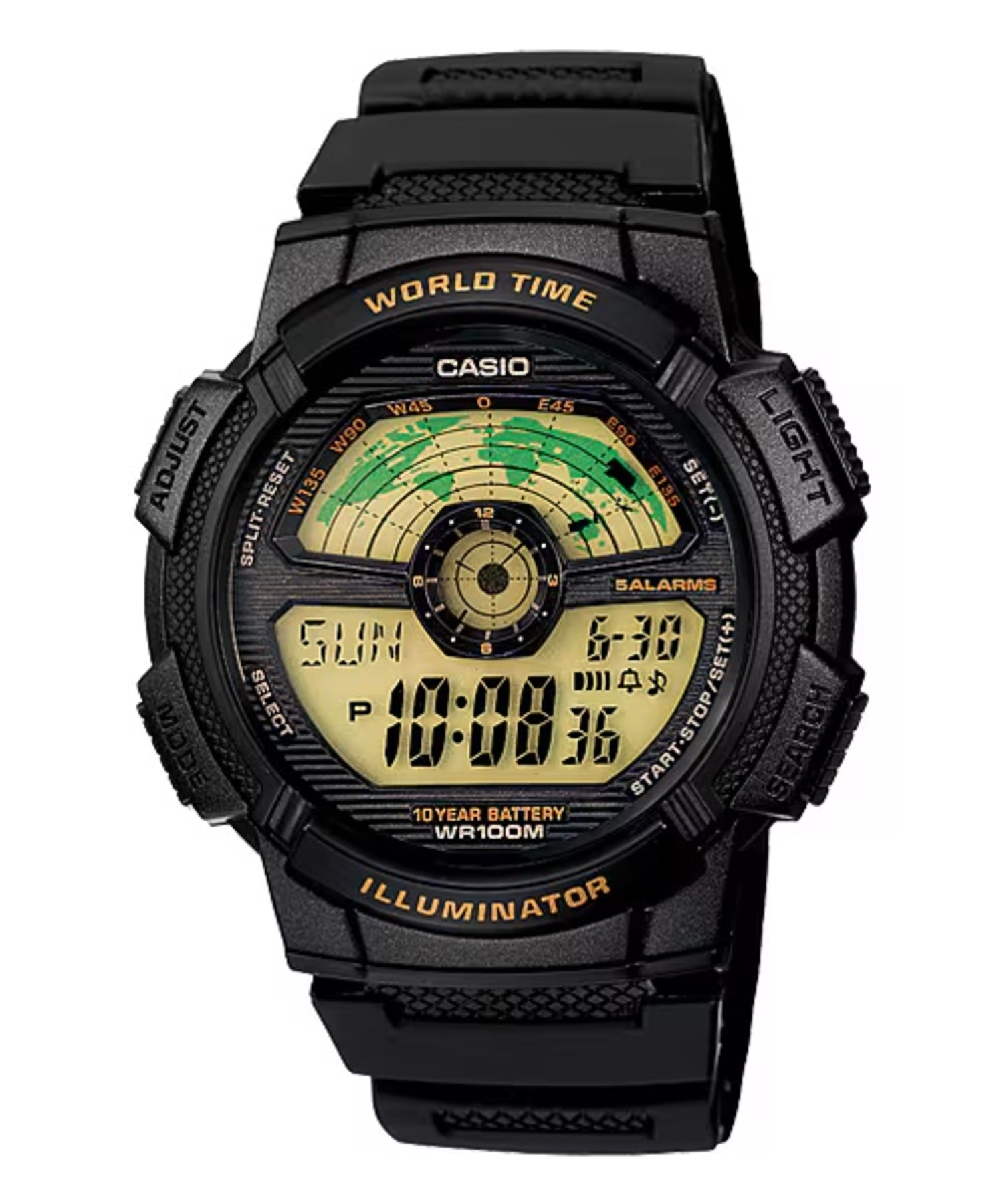Casio Men Black Digital World Time Watch with Gold-Tone Display - AE-1100W-1BV