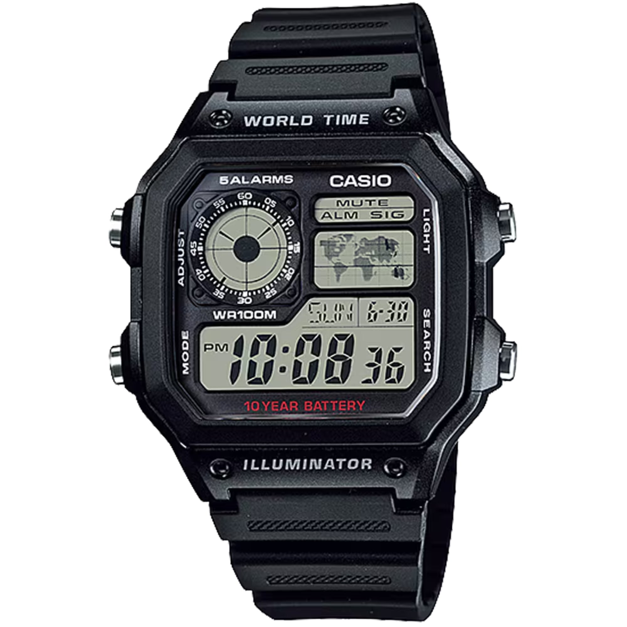 Casio Men World Time Digital Resin Strap Watch Black - AE-1200WH-1AVCF