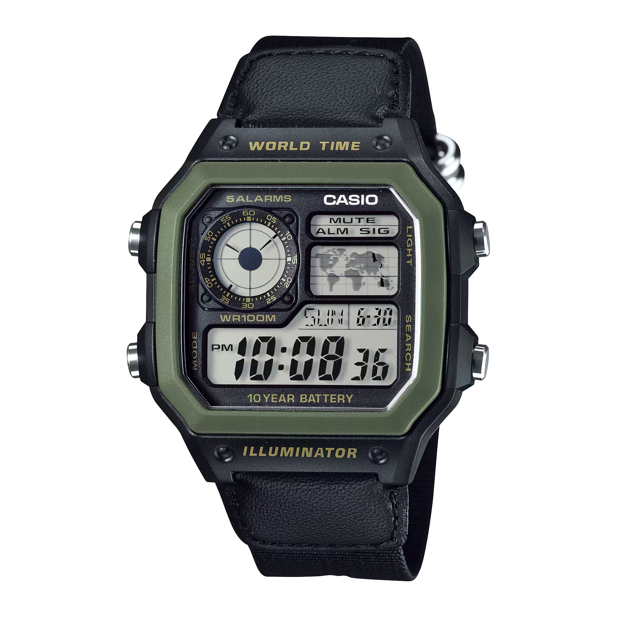 Casio Men Black Digital Green Cloth Strap Watch - AE-1200WHB-1BV