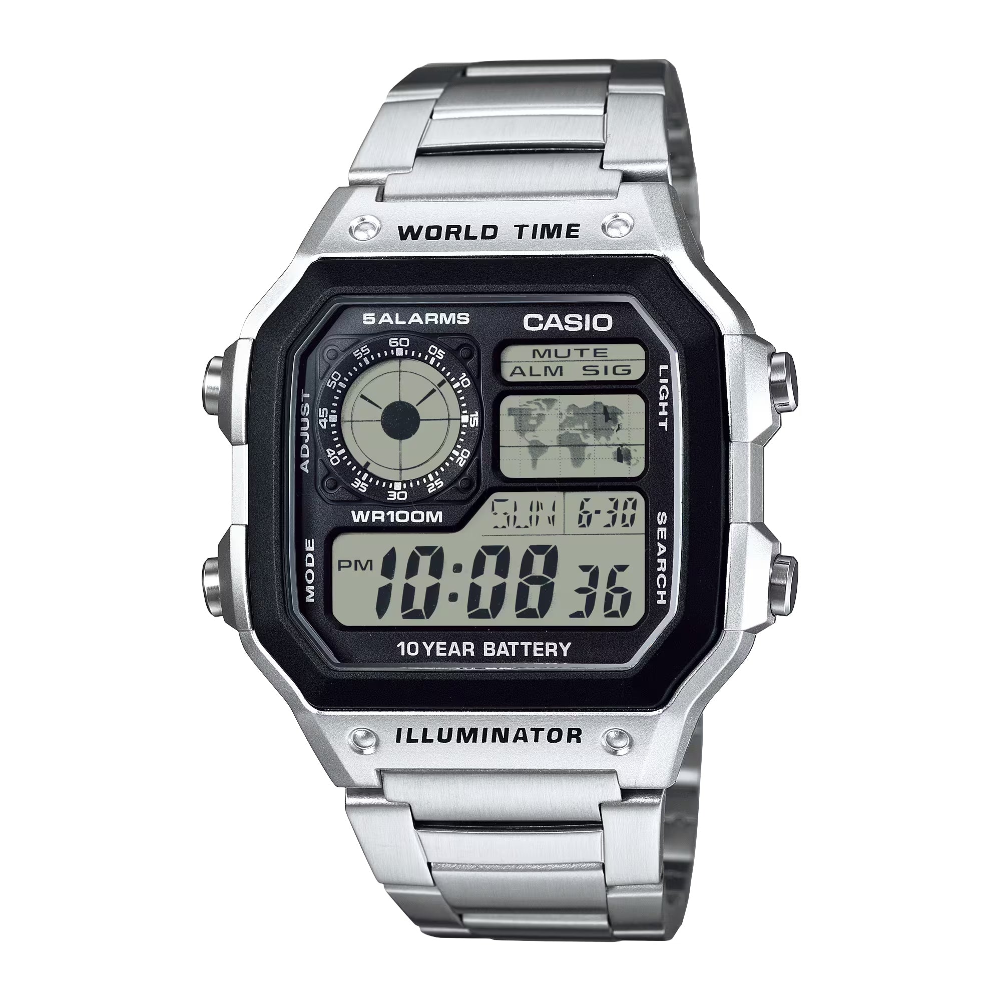 Casio Men World Time Stainless Steel Digital Watch Silver - AE-1200WHD-1AVCF