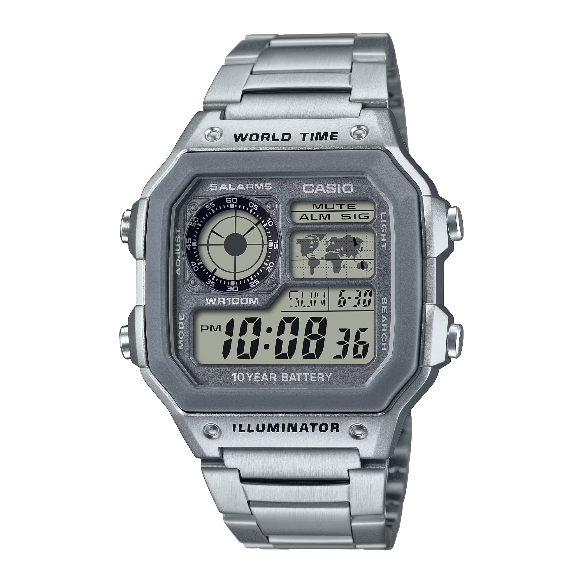 Casio Men World Time Digital Stainless Steel Watch Silver - AE-1200WHD-7AVCF