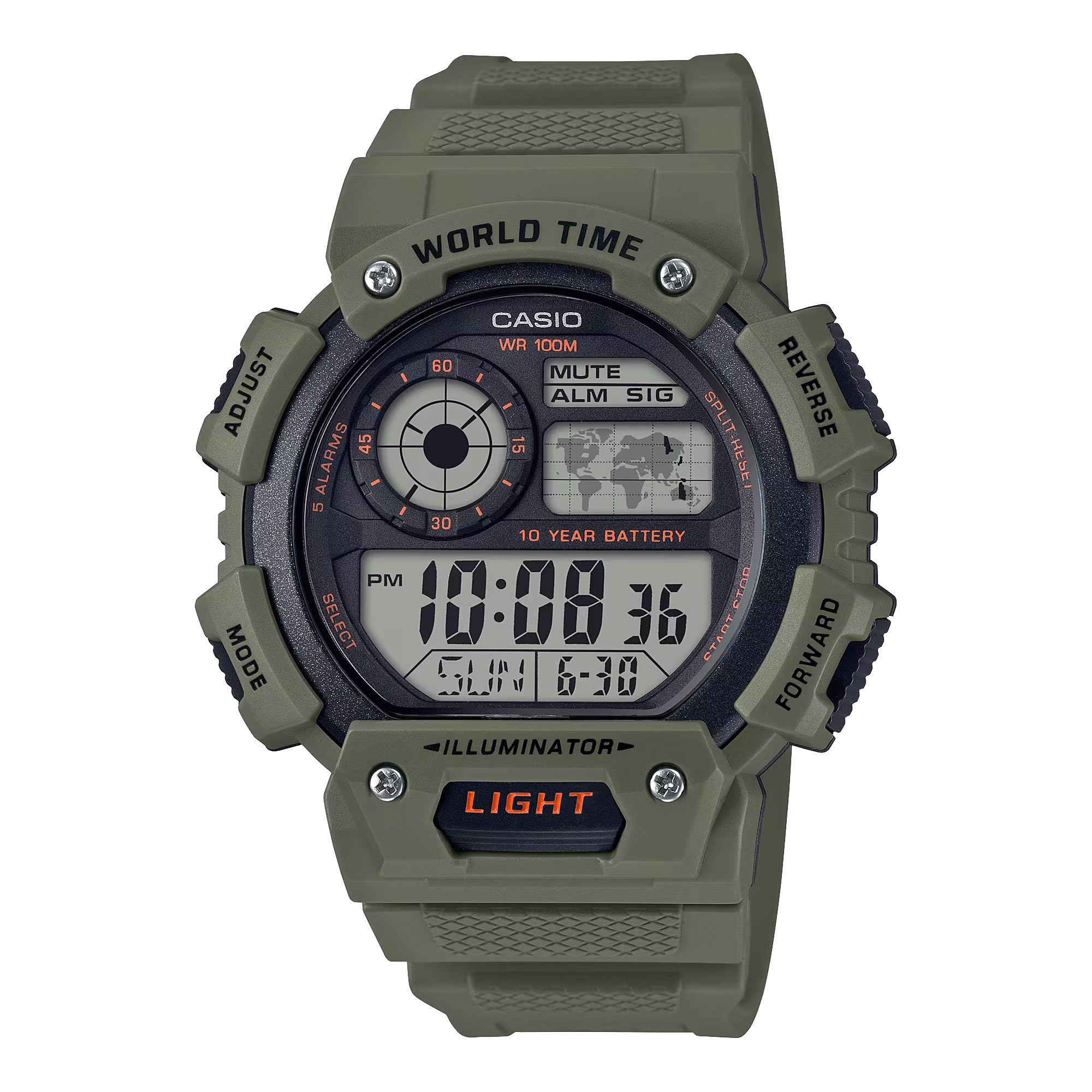 Casio Unisex Olive-Green Dial Digital World Time Watch - Casio AE_1400WH_3A