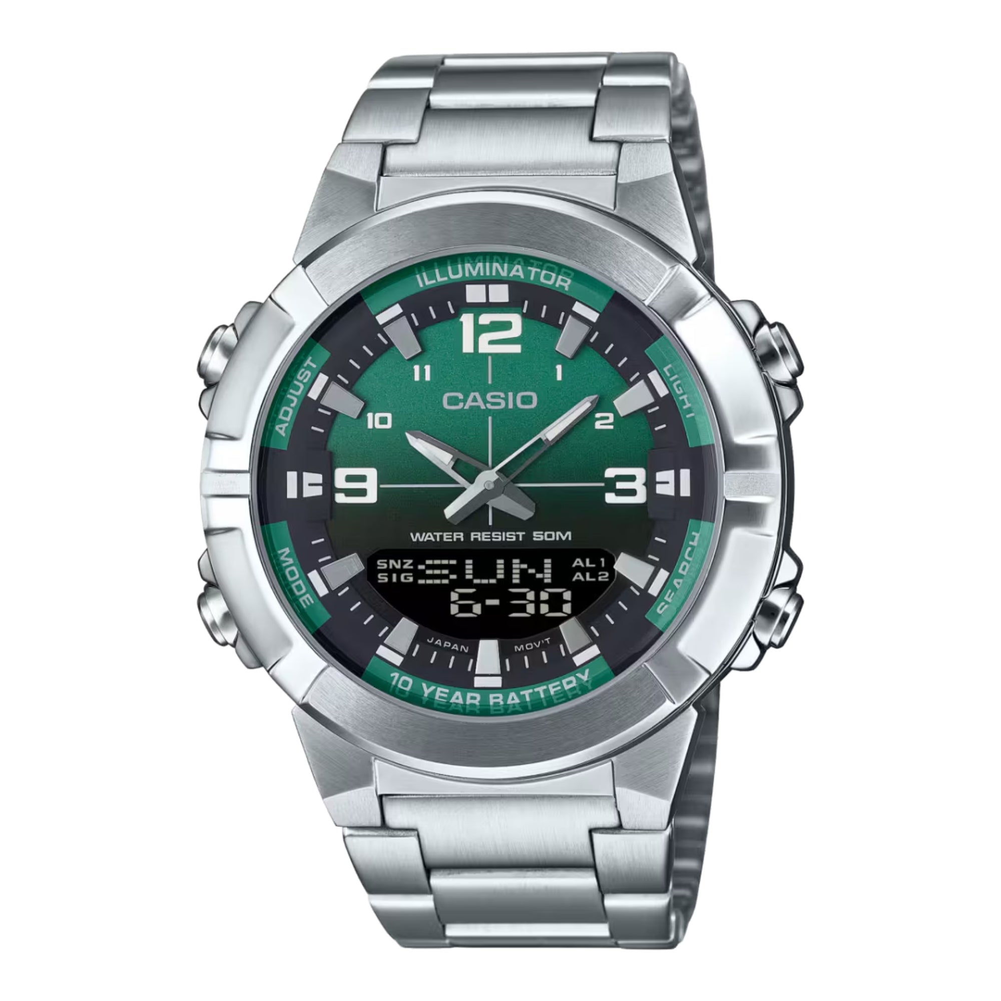 Casio Men Green Dial Analog Watch Stainless Steel Bracelet - AMW-870DA-3AVDF