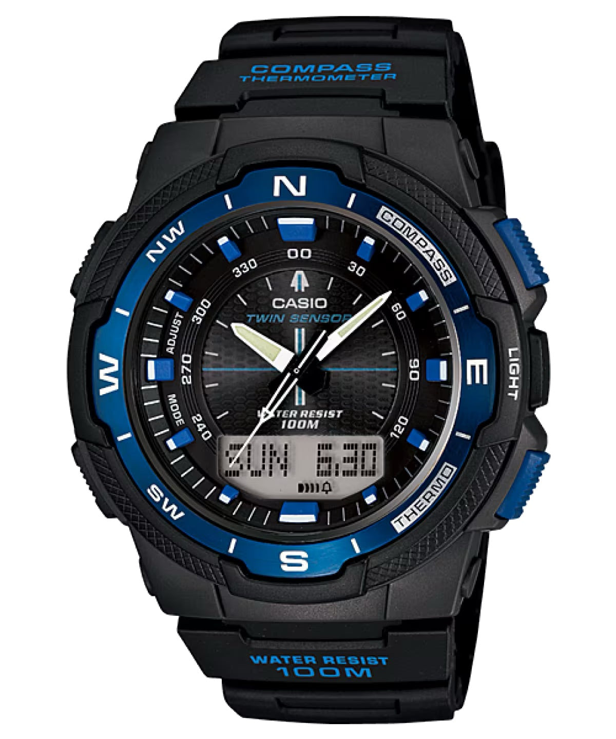 Casio Men Twin Sensor Digital Black and Blue Compass Watch - SGW-500H-2BV