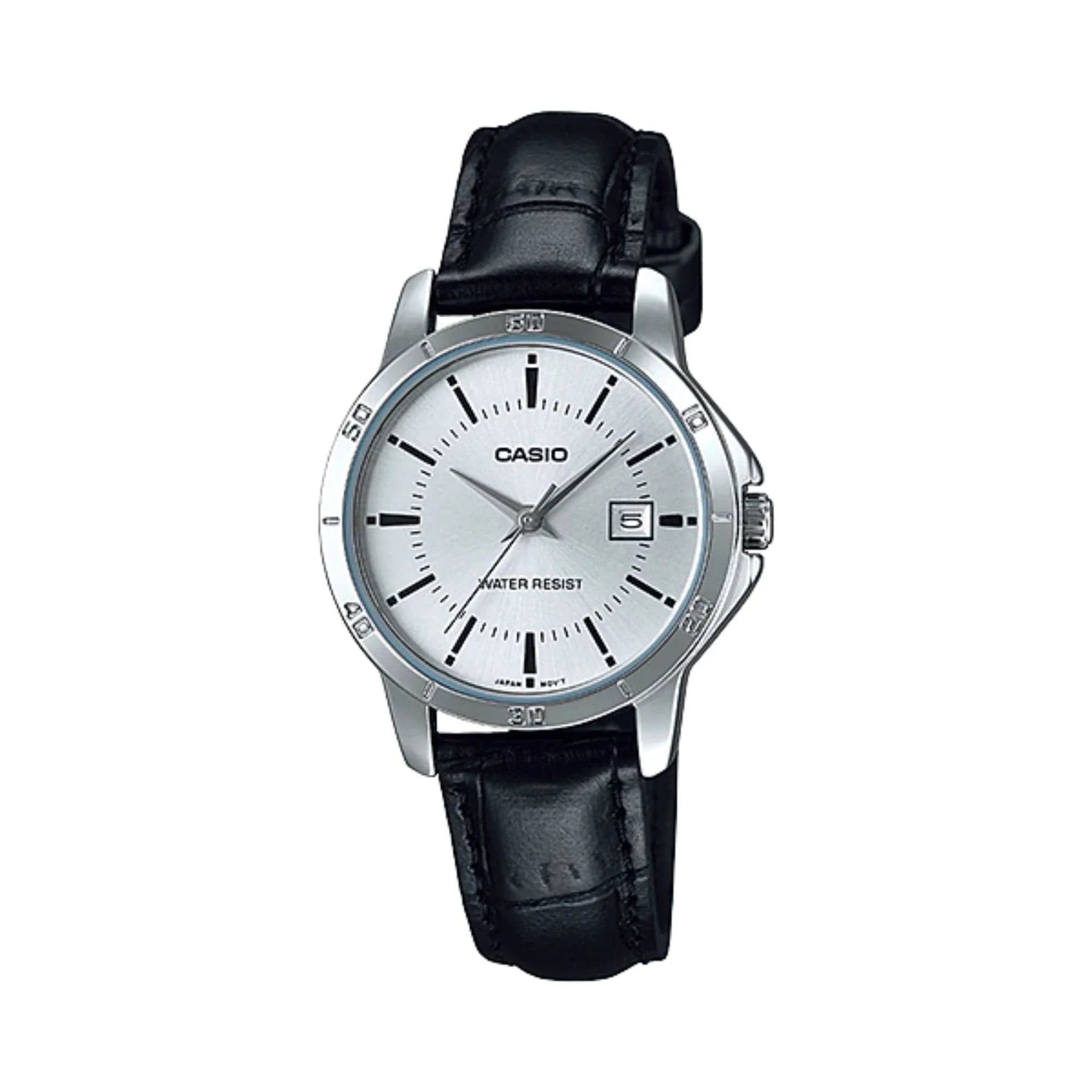Casio Women Silver Dial Black Leather Strap Watch - LTP-V004L-7AUDF