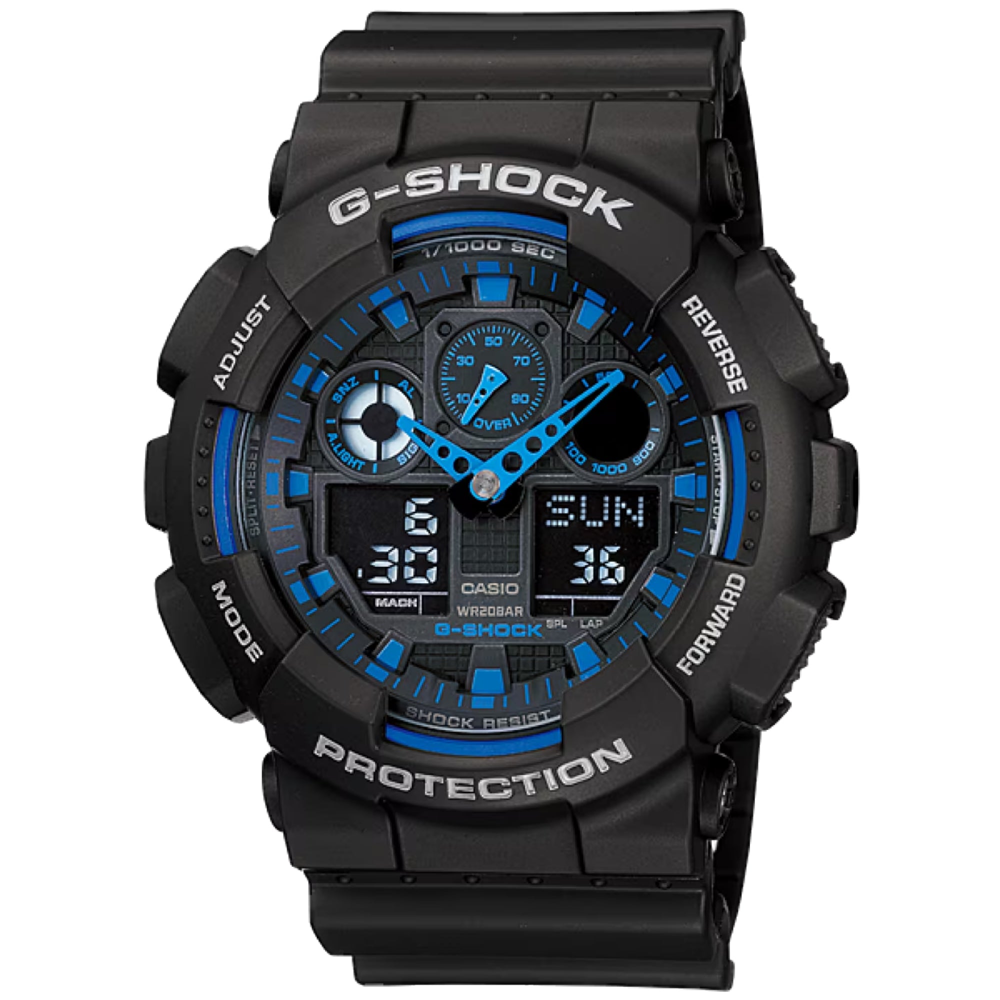 Casio G-SHOCK Men Black and Blue Accent Dial Analog Watch Black Resin Strap - GA-100-1A2NDR