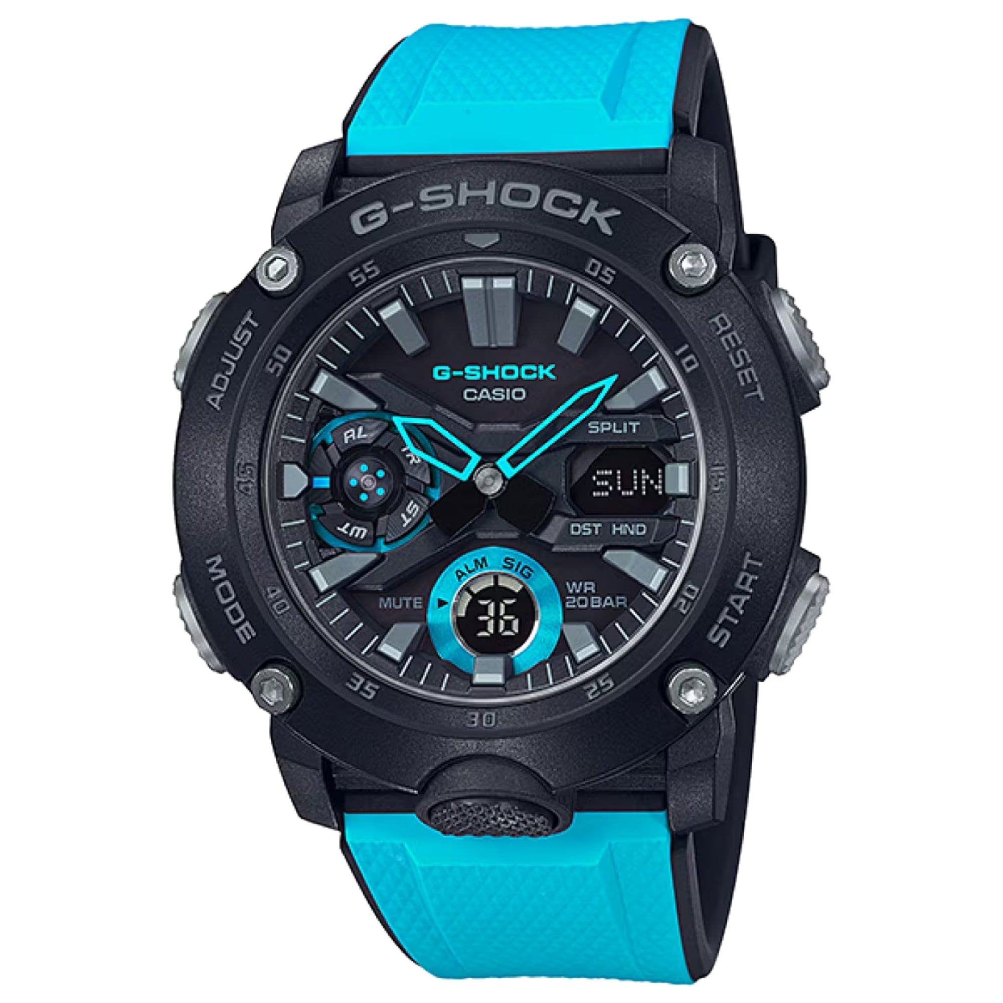 Casio G-SHOCK Men Black and Blue Accent Dial Analog/Digital Watch Blue Resin Strap - GA-2000-1A2DR