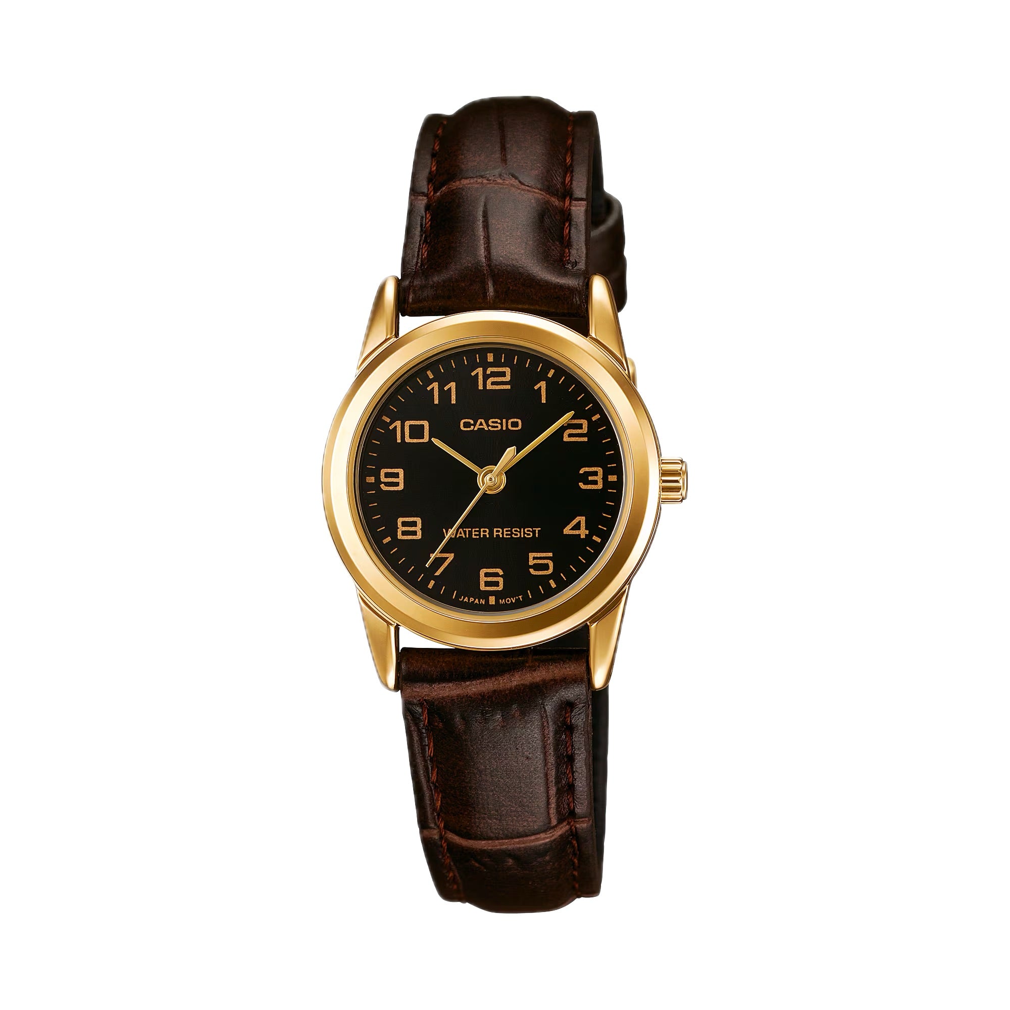 Casio Women Black Dial Gold-Tone Case Brown Leather Strap Watch - LTP-V001GL-1B