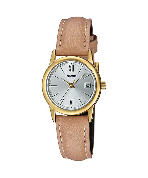 Casio Women Beige Leather Watch with Silver Dial - LTP-V002GL-7B3UDF