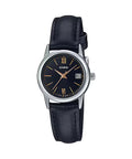 Casio Women Black Leather Watch with Black Dial and Gold Markers - LTP-V002L-1B3