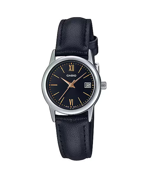 Casio Women Black Leather Watch with Black Dial and Gold Markers - LTP-V002L-1B3