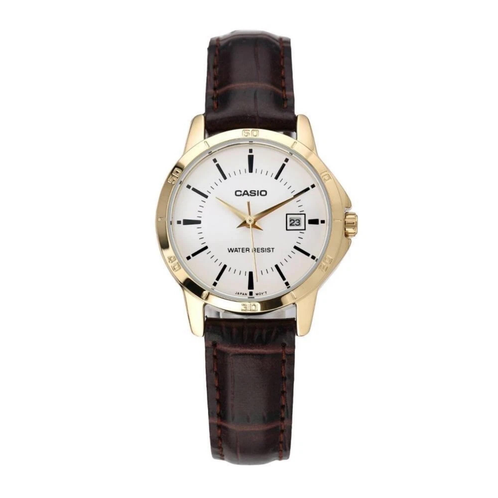 Casio Women Gold Analog Watch with White Dial and Brown Leather Strap - LTP-V004GL-7AUDF