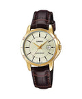 Casio Women Gold-Tone Watch with Brown Leather Band and Champagne Dial - LTP-V004GL-9AUDF