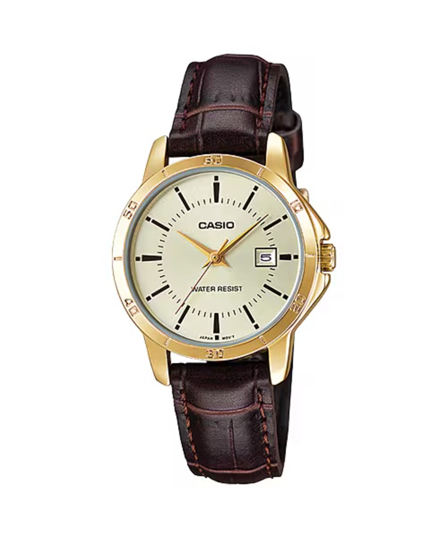 Casio Women Gold-Tone Watch with Brown Leather Band and Champagne Dial - LTP-V004GL-9AUDF
