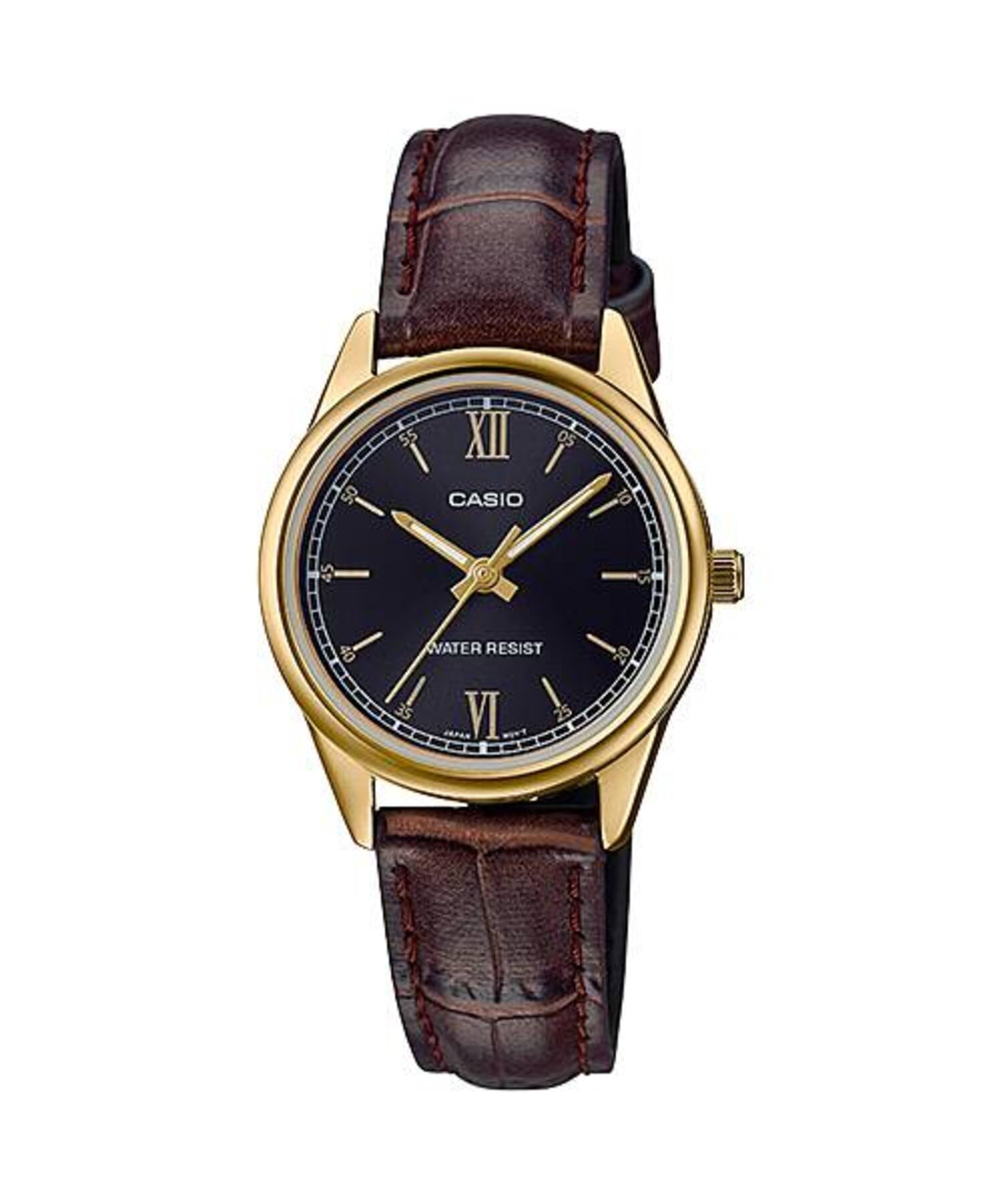 Casio Women Gold Tone Analog Watch with Black Dial and Brown Leather Band - LTP-V005GL-1B2UDF