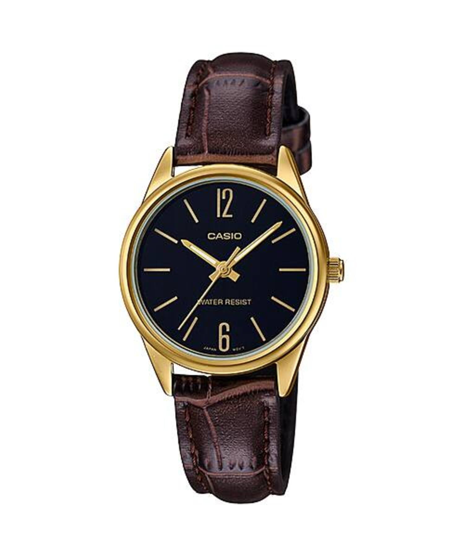 Casio Women Black Dial Gold-Tone Case Brown Leather Strap Watch - LTP-V005GL-1BUDF