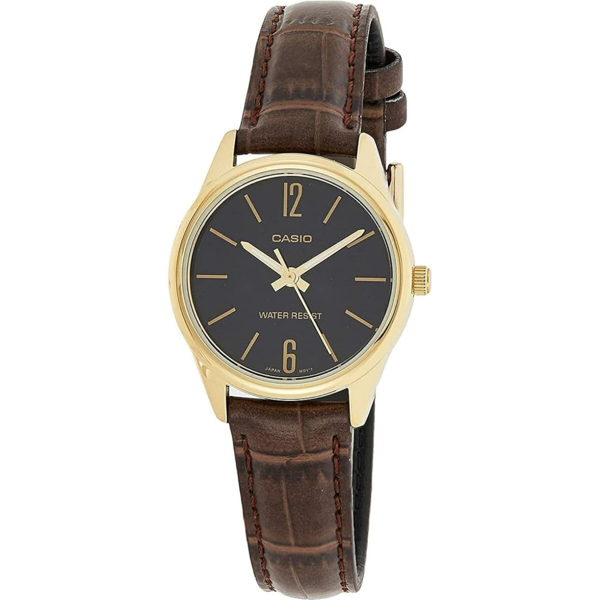 Casio Women Gold-Tone Leather Strap Analog Watch Black Dial - LTP-V005GL-9BUDF