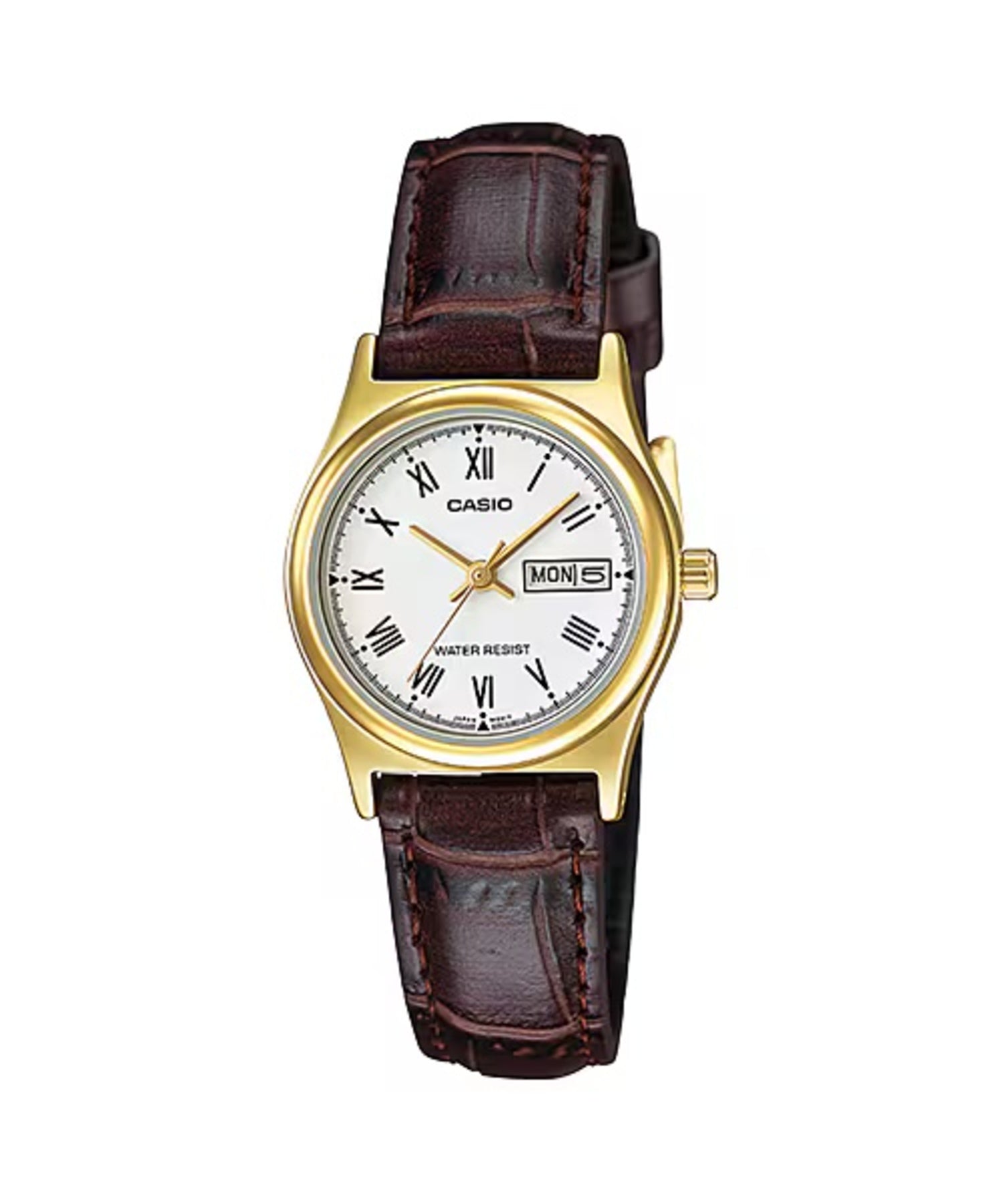 Casio Women Gold-Tone Analog Watch with White Dial and Brown Leather Strap - LTP-V006GL-7B