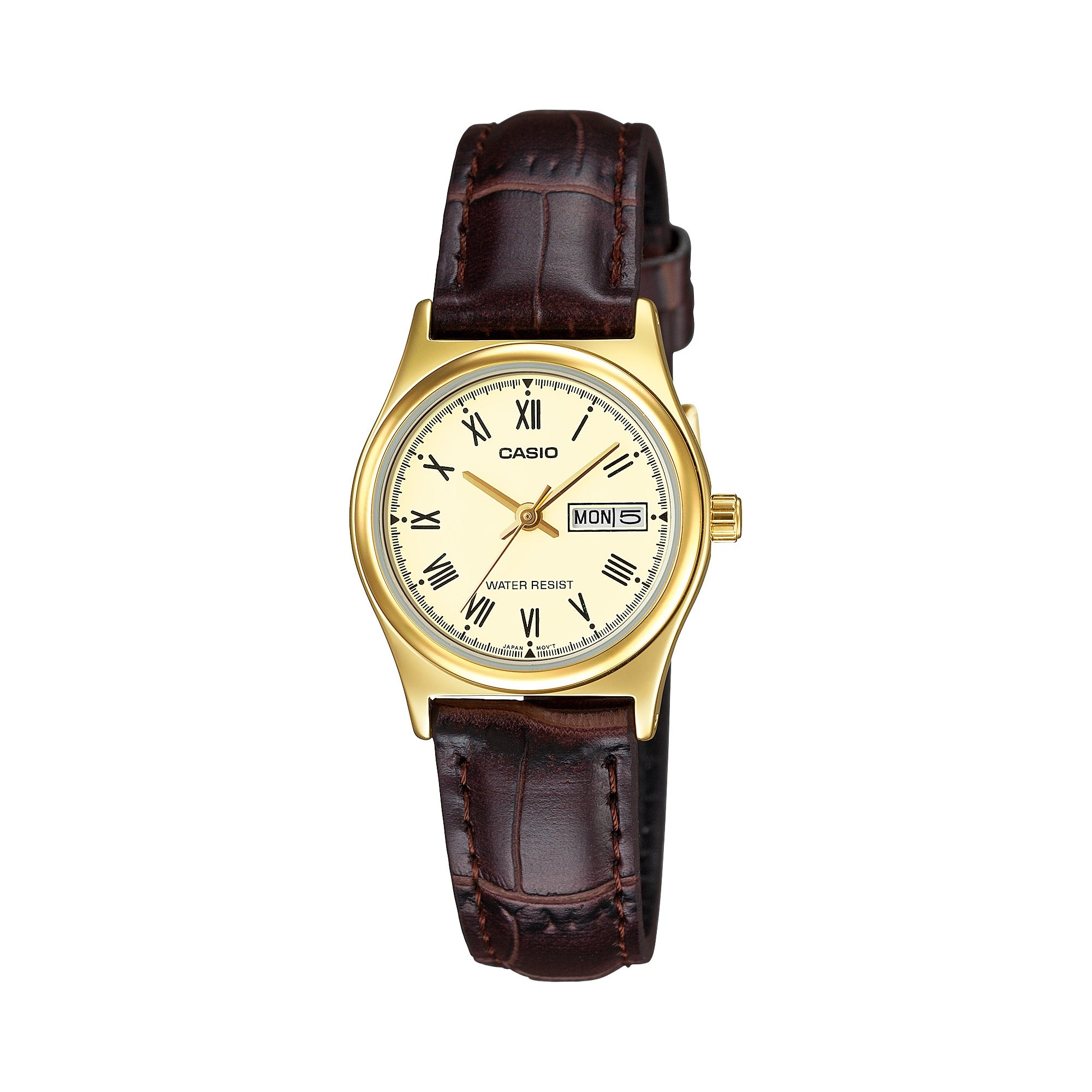 Casio Women Gold-Tone Case Brown Leather Strap Day/Date Watch - LTP-V006GL-9BUDF