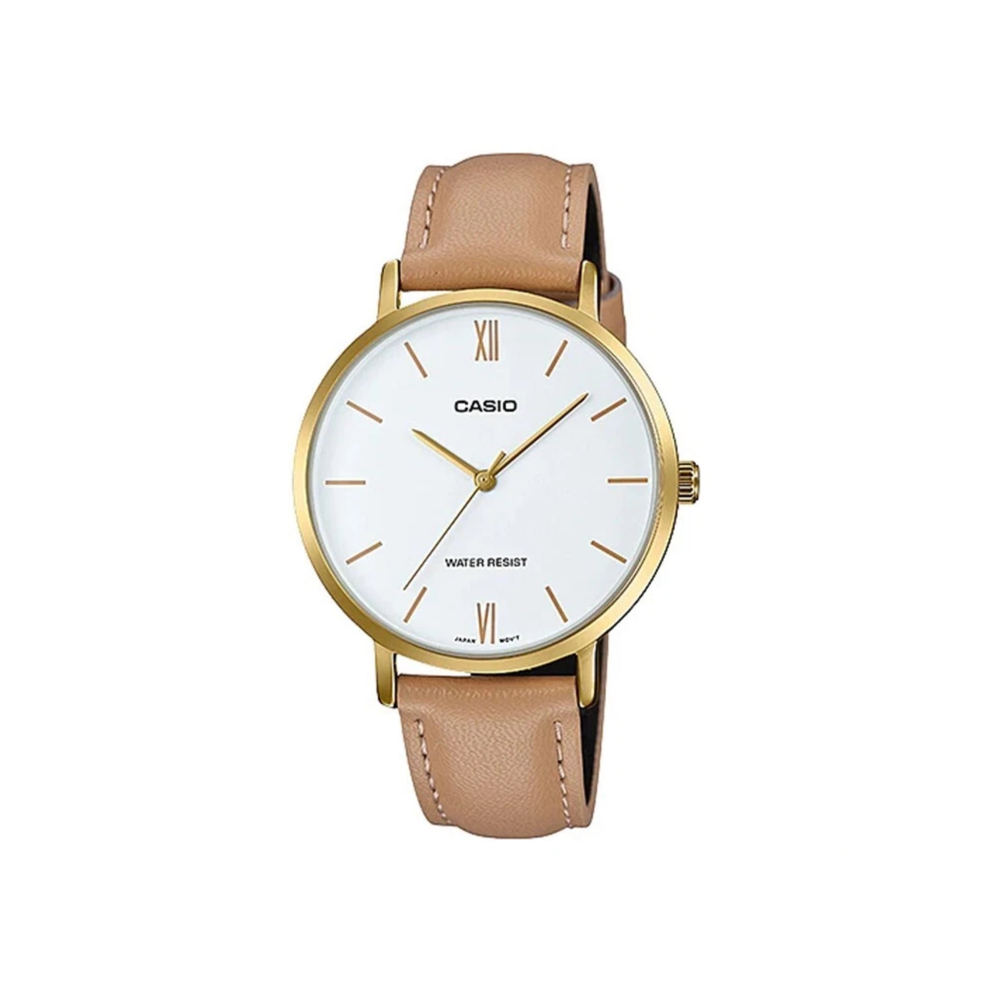 Casio Women Tan Leather Strap Analog Watch with Gold Case - LTP-VT01GL-7BUDF