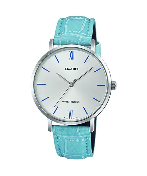 Casio Women Silver Dial Light Blue Leather Strap Watch - LTP-VT01L-7B3UDF