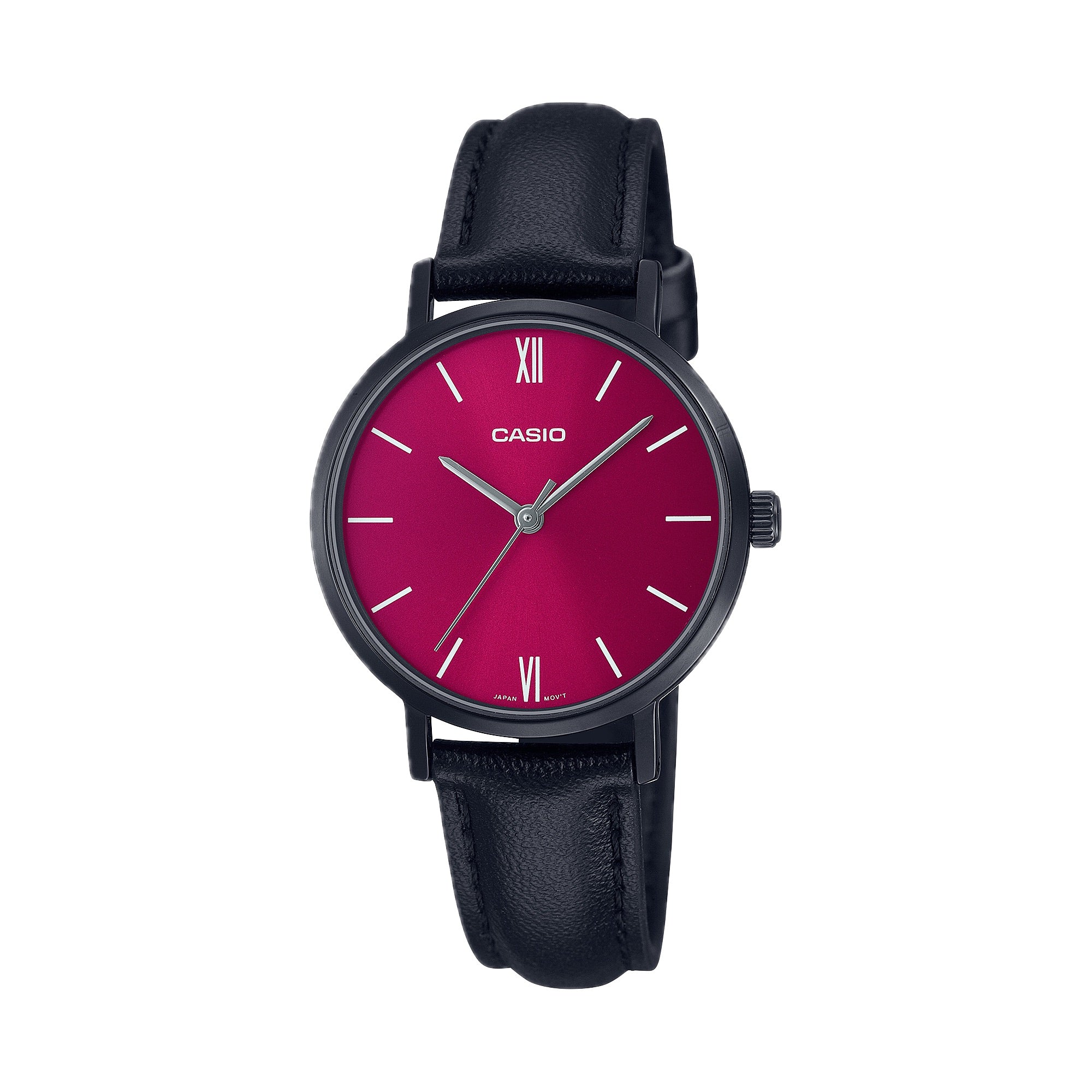 Casio Women Red Dial Black Leather Strap Watch - LTP-VT02BL-4AUDF