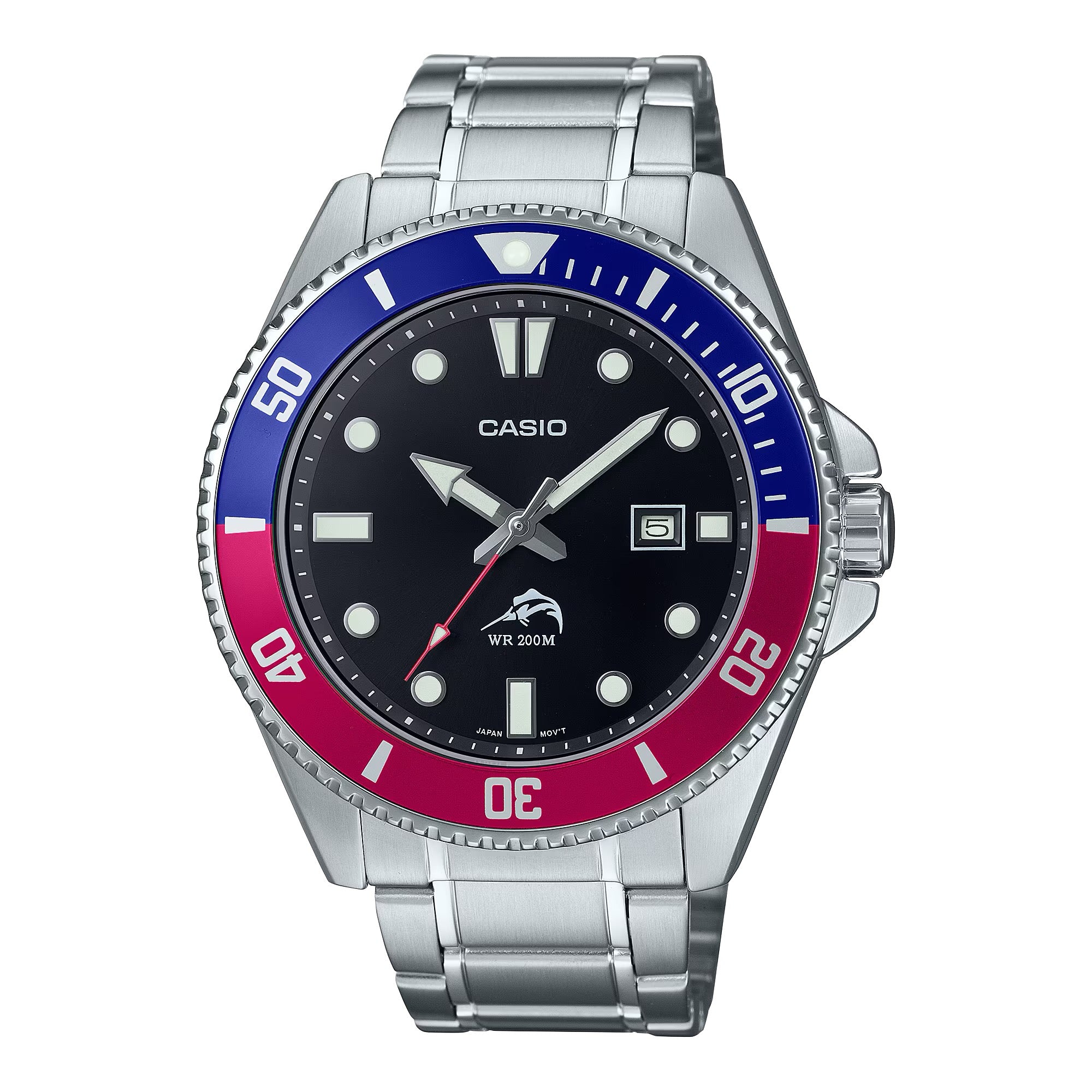 Casio Men Stainless Steel Dive Watch with Black Dial and Blue-Red Accents - MDV-106DD-1A2VCF