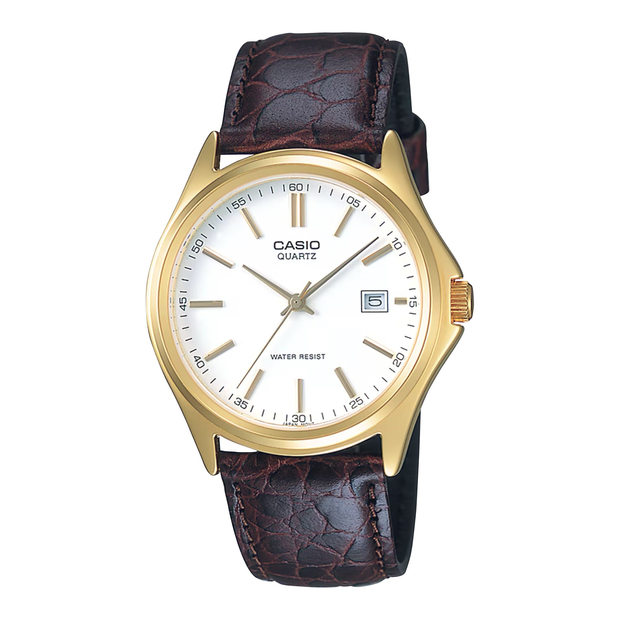 Casio Men Gold-Tone Analog Watch with White Dial and Brown Leather Strap - MTP-1183Q-7A