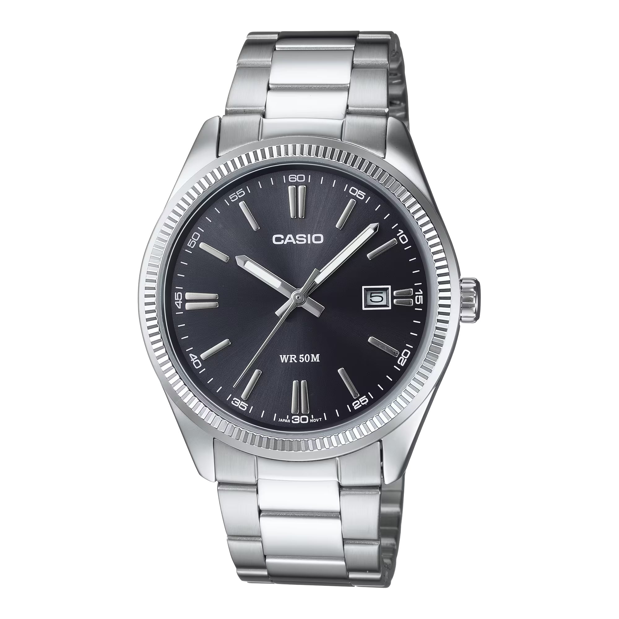 Casio Men Silver Analog Watch Black Dial Stainless Steel Bracelet - MTP-1302D-1A1V