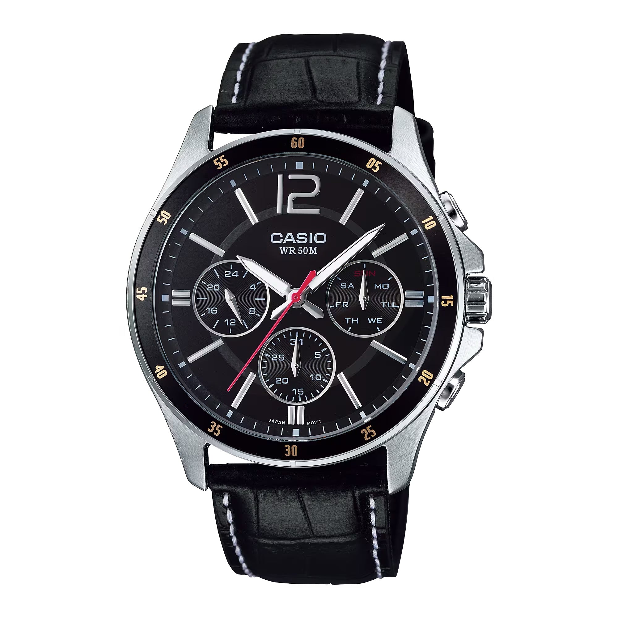 Casio Men Chronograph Black Dial Watch with Black Leather Band - MTP-1374L-1AV