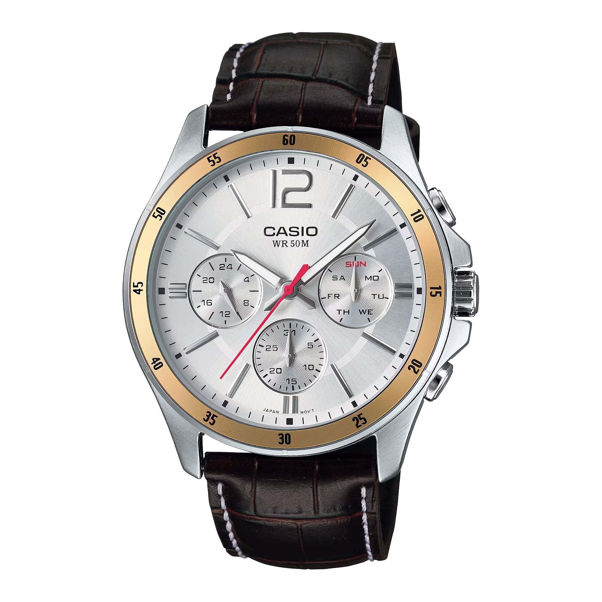Casio Men Silver Dial Chronograph Leather Watch with Gold-Tone Bezel - MTP-1374L-7AV