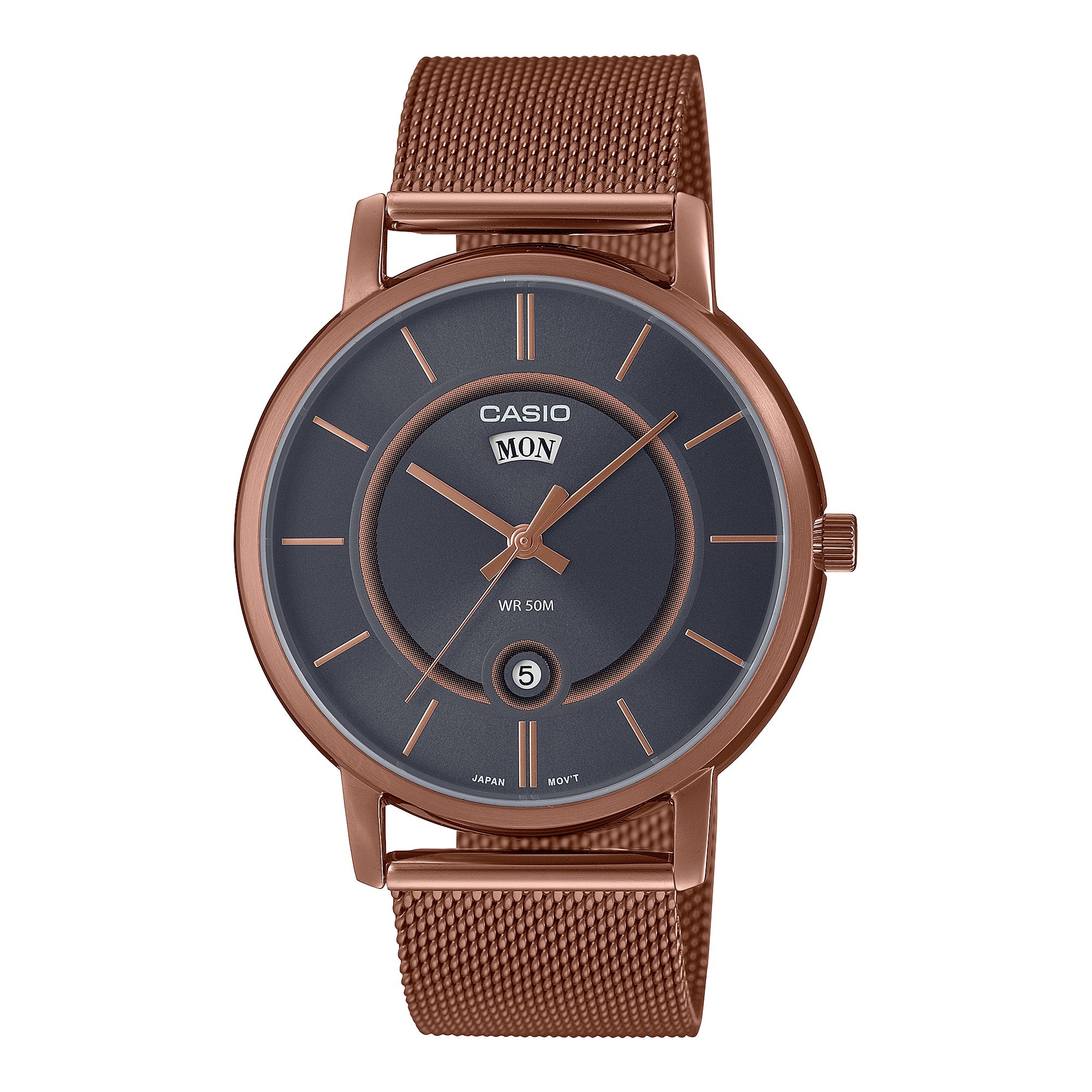 Casio Men Rose Gold Gray Dial Stainless Steel Mesh Bracelet Watch - MTP-B120MR-8AVDF