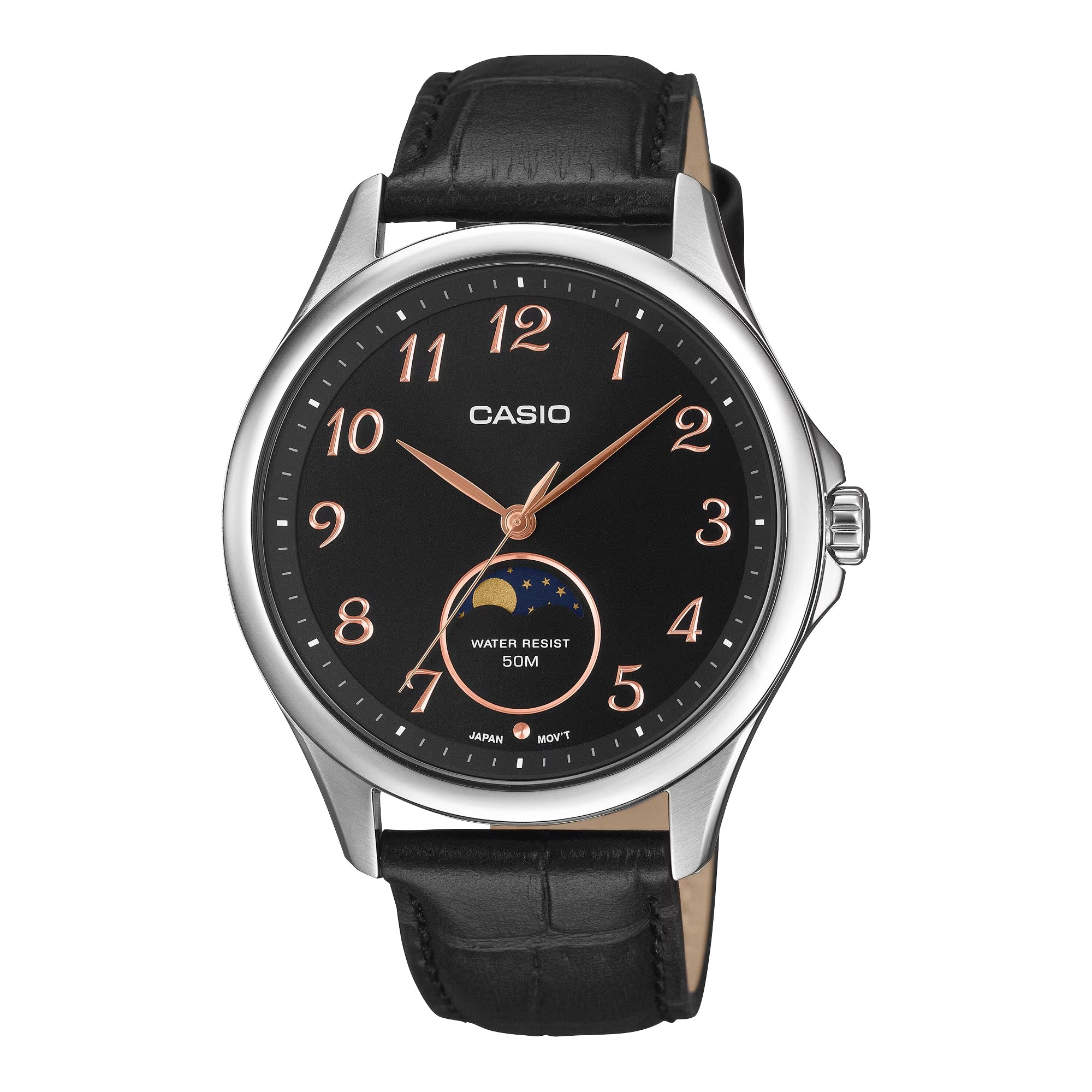 Casio Men Black Moon Phase Analog Leather Strap Watch - MTP-M110L-1AVDF