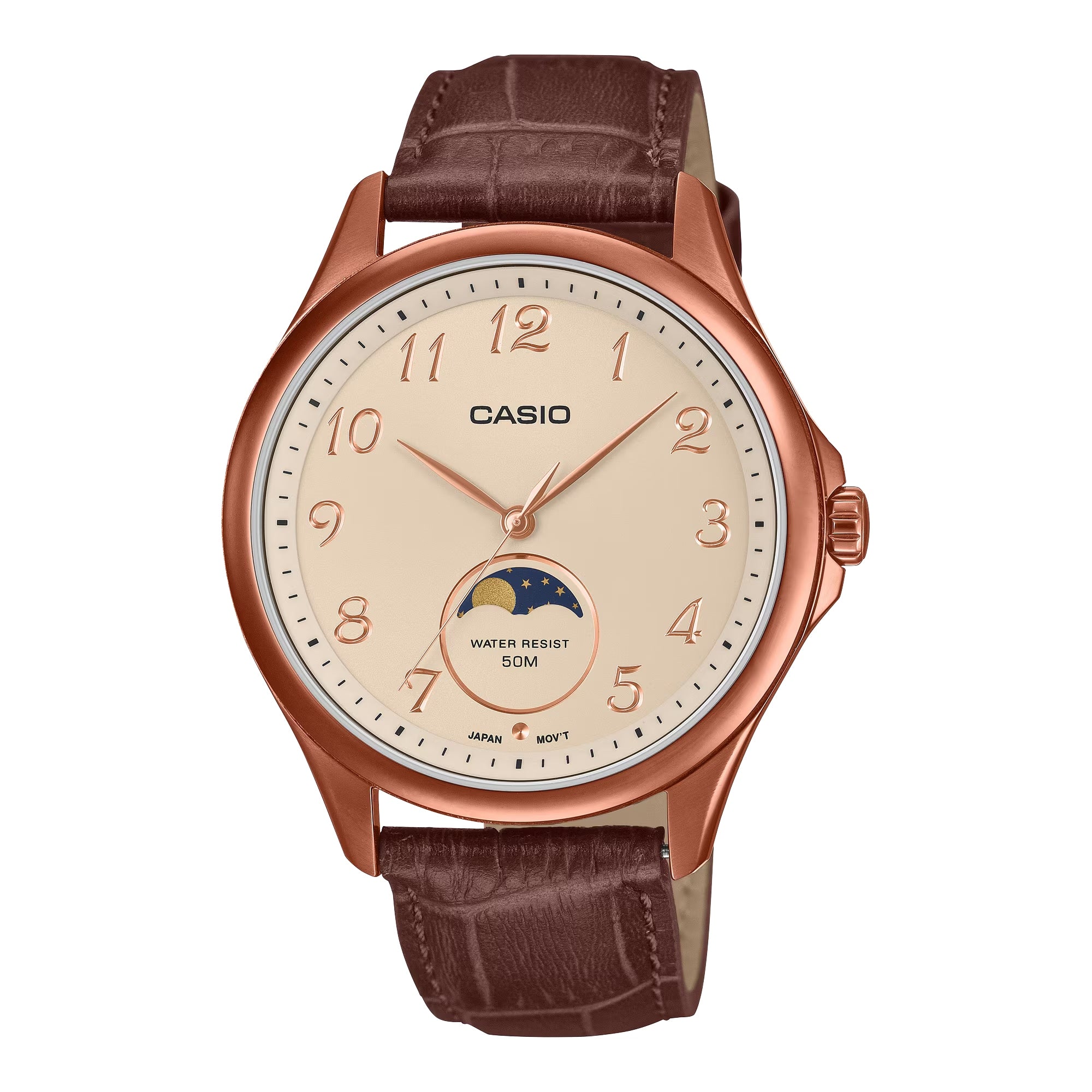 Casio Men Moon Phase Rose Gold Brown Leather Watch - MTP-M110RL-5AVDF
