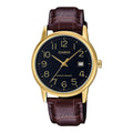 Casio Men Gold Watch with Black Dial and Brown Leather Band - MTP-V002GL-1BUDF