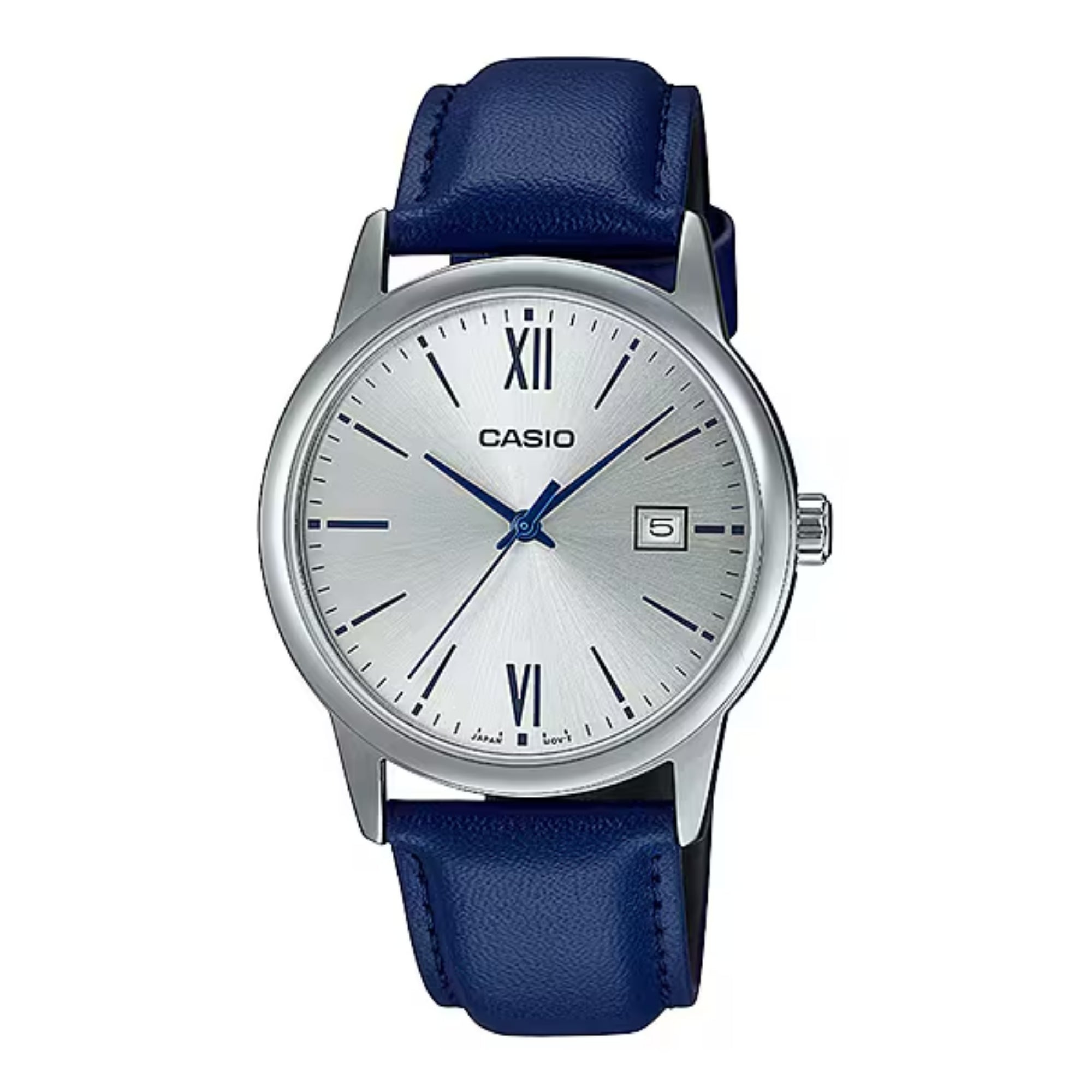 Casio Men Silver Dial Analog Watch with Blue Leather Strap - MTP-V002L-2B3UDF