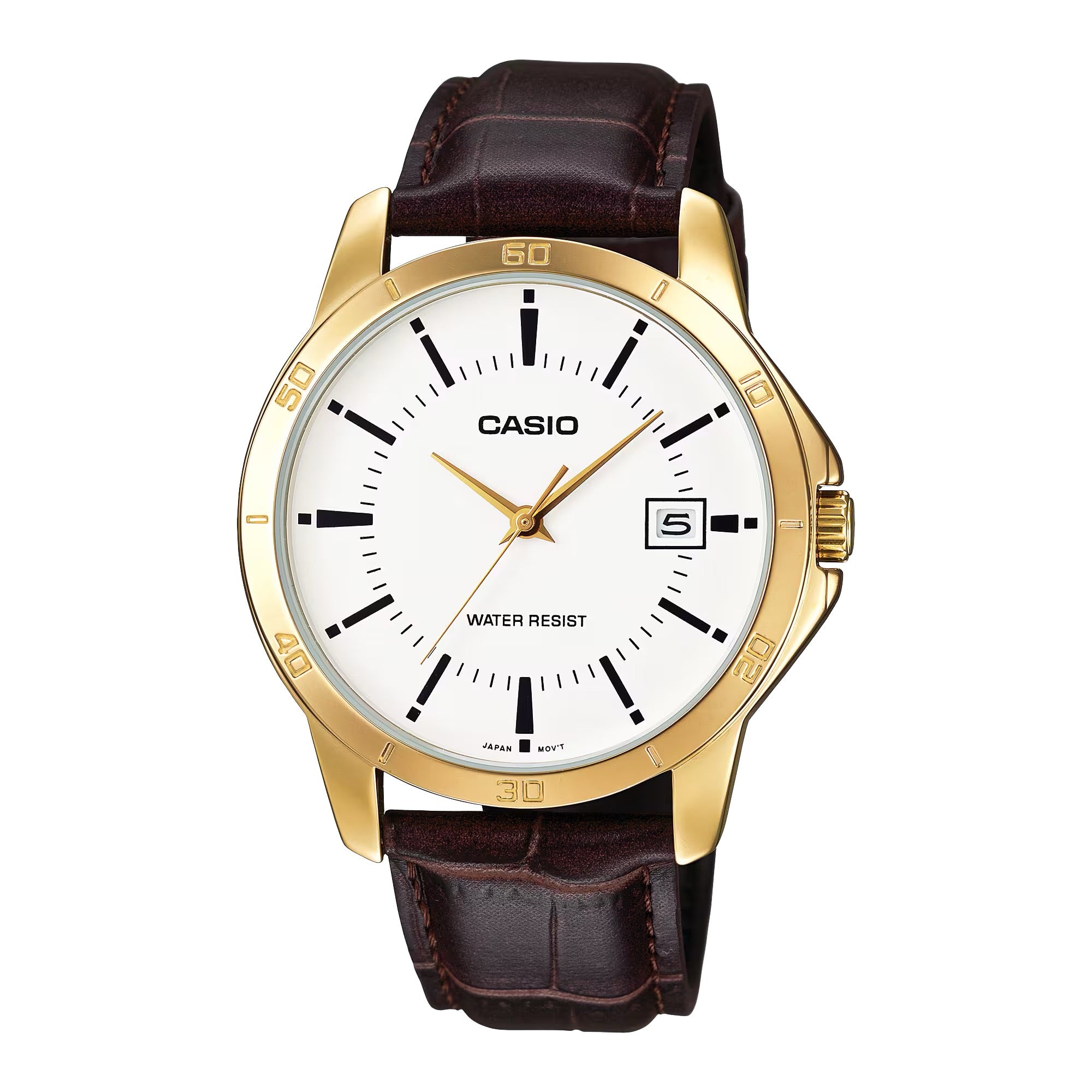 Casio Men Brown Leather Strap Watch with White Dial - MTP-V004GL-7A