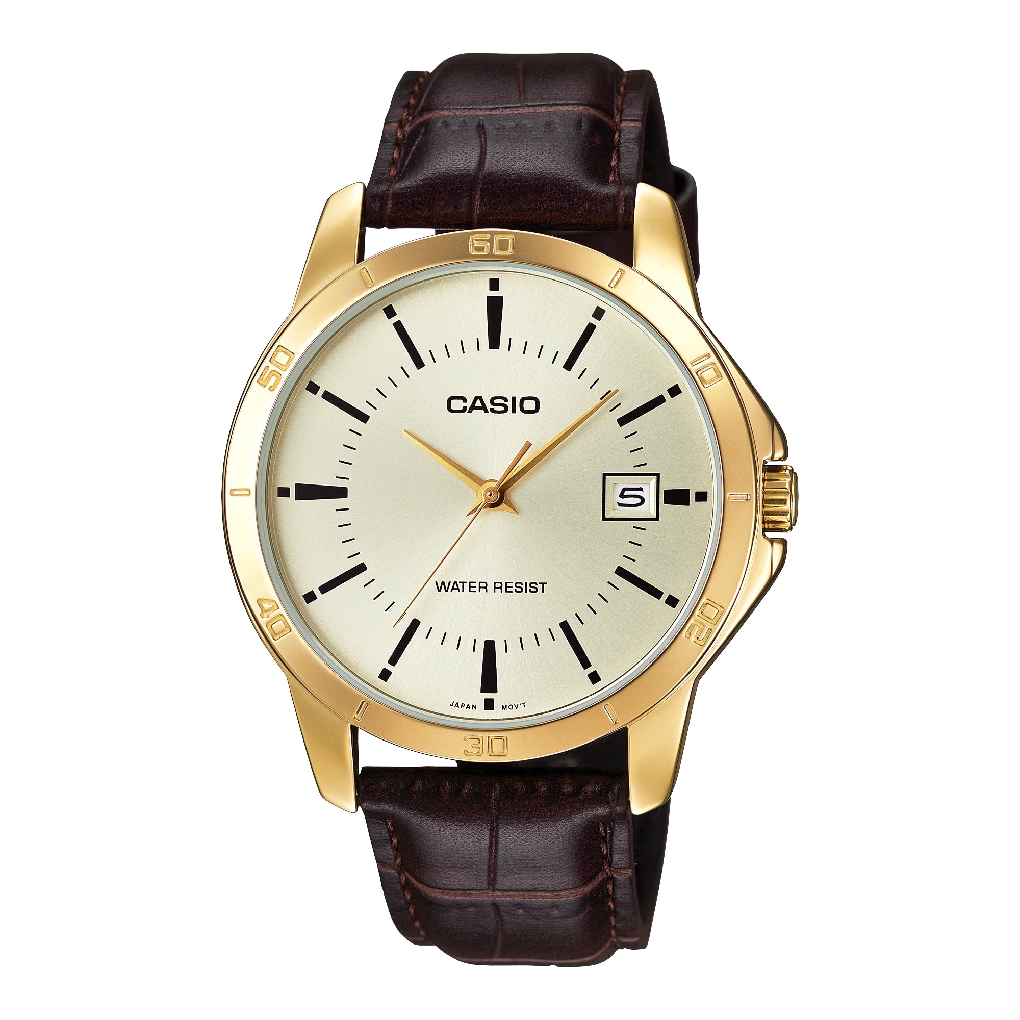 Casio Men Gold Tone Analog Watch with Brown Leather Strap - MTP-V004GL-9AUDF