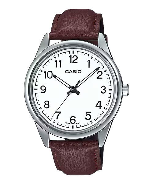 Casio Men White Dial Brown Leather Strap Analog Watch - MTP-V005L-7B4UDF