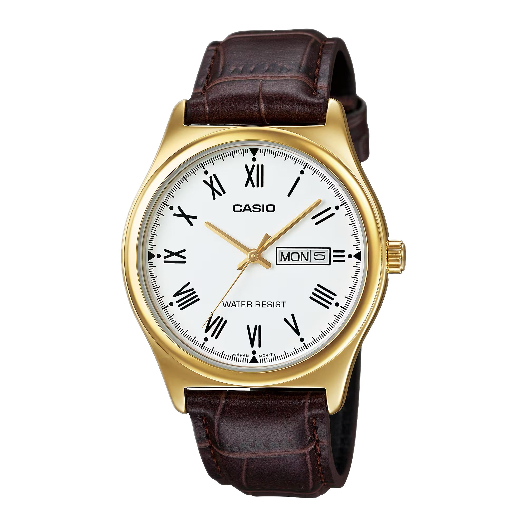 Casio Men Gold-Tone Case Brown Leather Strap Watch - MTP-V006GL-7BUDF