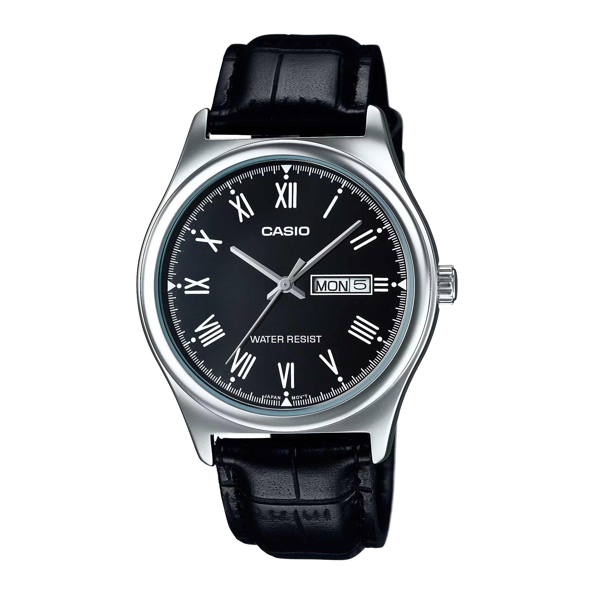 Casio Men Black Roman Dial Day Date Analog Watch with Leather Strap - MTP-V006L-1BUDF