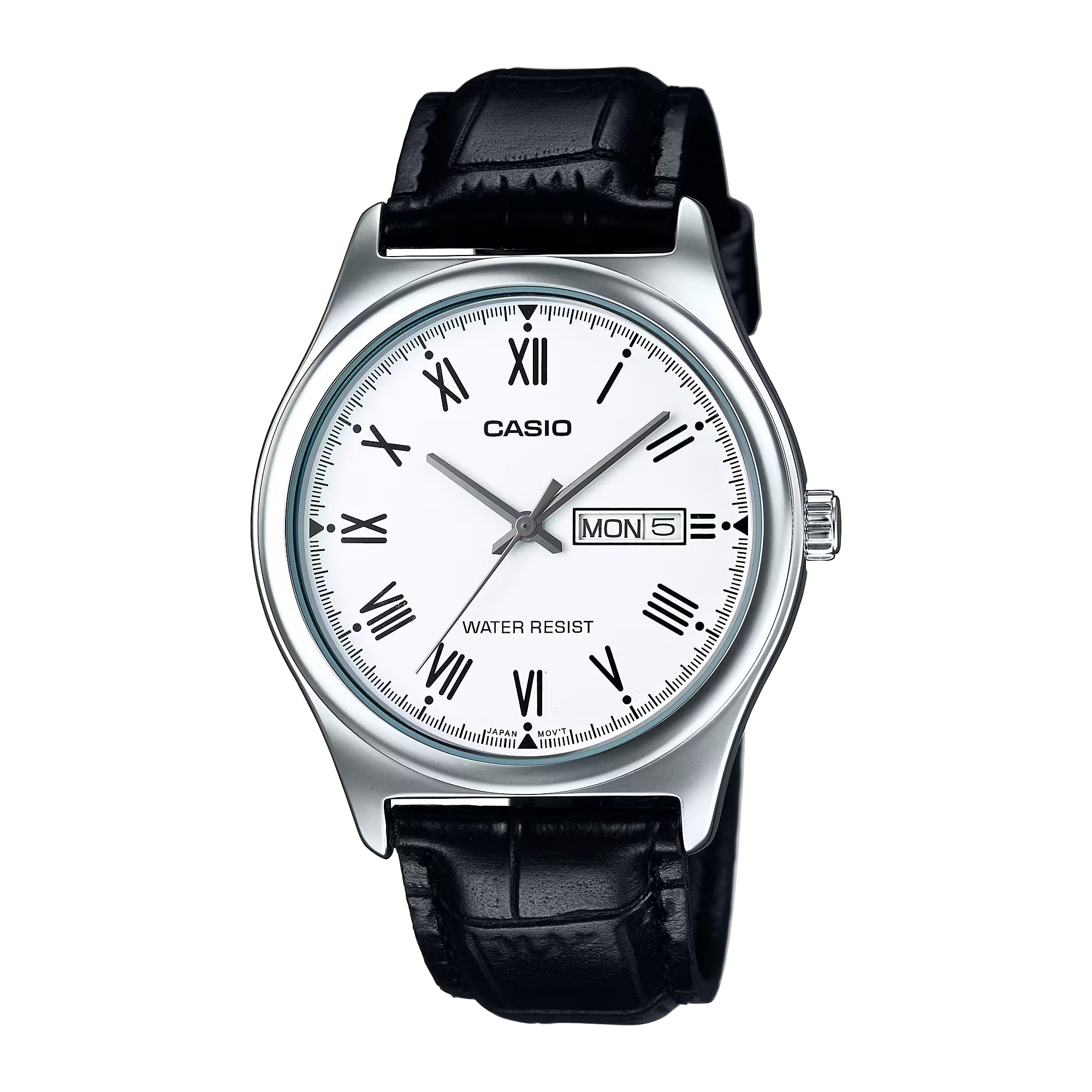 Casio Men White Roman Dial Day Date Analog Watch with Leather Strap - MTP-V006L-7BUDF