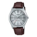Casio Men Silver Dial Day Date Analog Watch with Brown Leather Strap - MTP-V006L-7CUDF