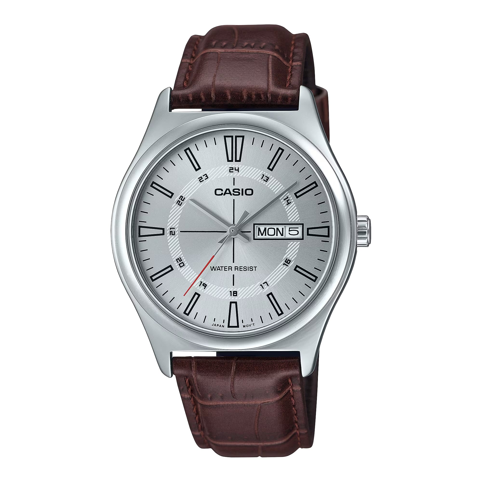 Casio Men Silver Dial Day Date Analog Watch with Brown Leather Strap - MTP-V006L-7CUDF