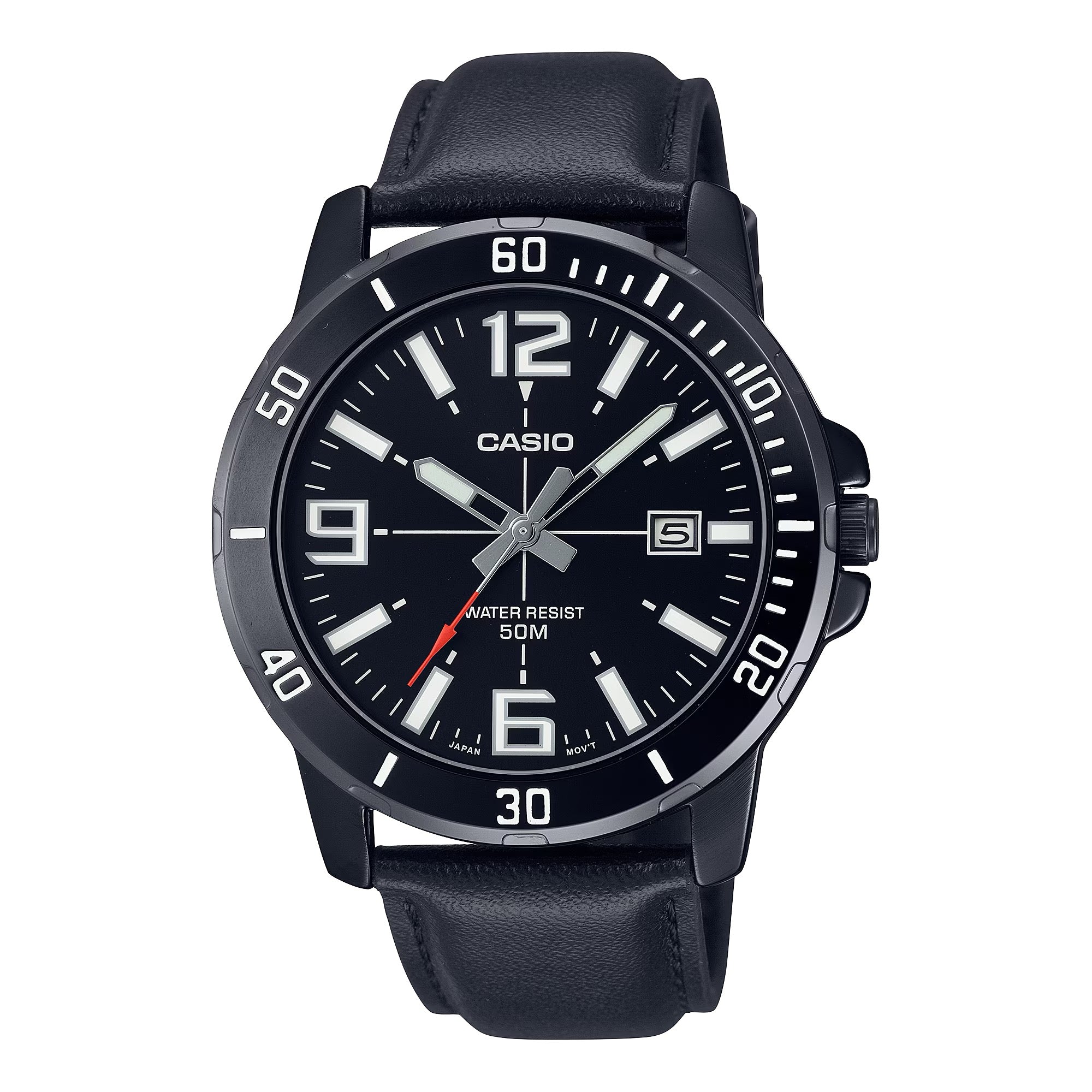 Casio Men Black Analog Watch with Date Display and Leather Band - MTP-VD01BL-1BV