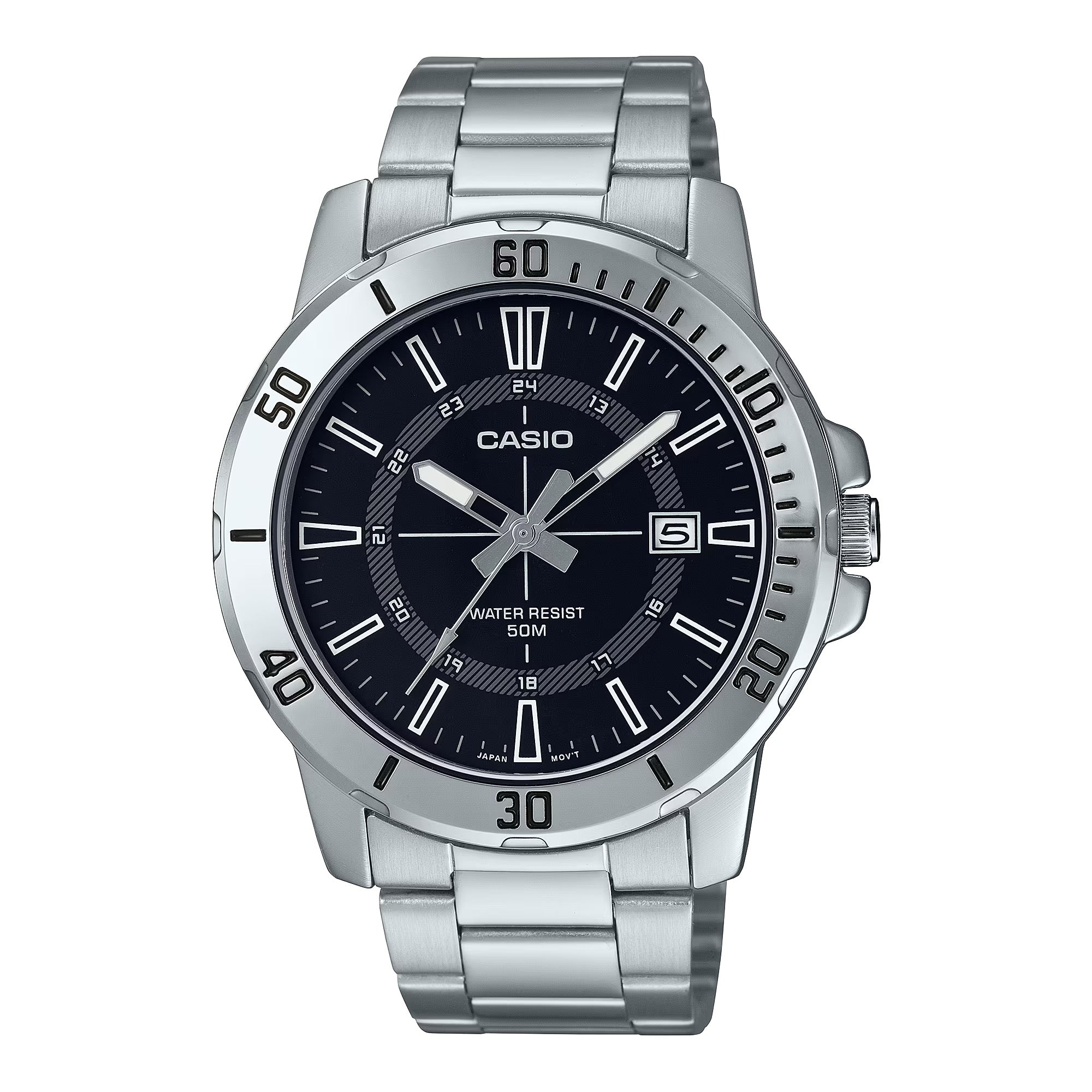 Casio Men Silver Analog Watch with Black Dial and Date Display - MTP-VD01D-1CV