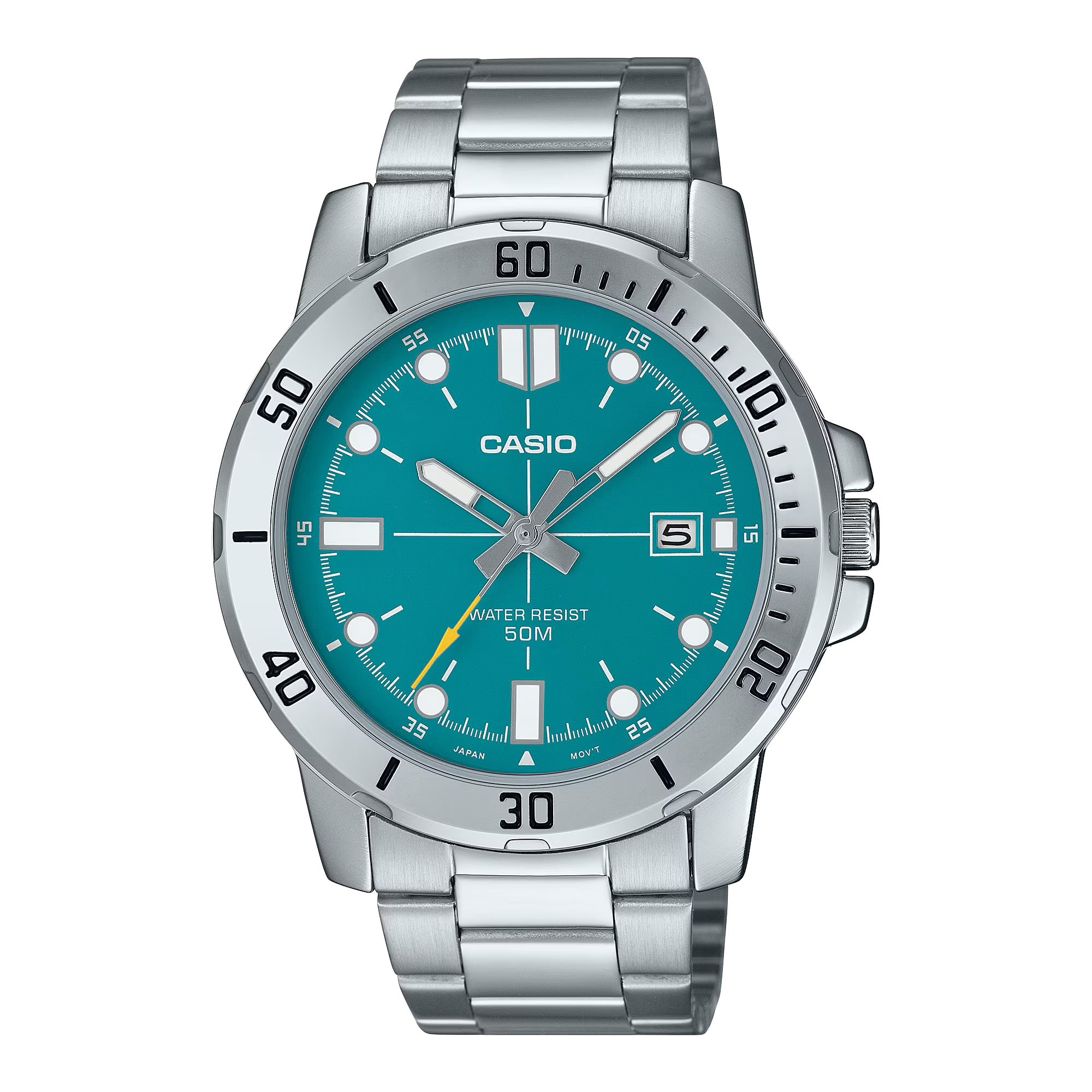 Casio Men Silver Stainless Steel Watch with Teal Dial - MTP-VD01D-3E2VUDF